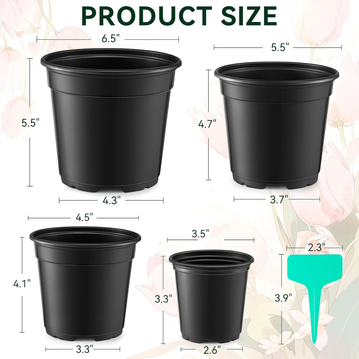 Nursery Pots with Drainage Holes Pack of 24 Pcs 3.5/4.5/5.5/6.5 Inch and Plant Label Flexible Seedling Pots Seed Starting Planter for Indoor Outdoor Flowers Succulents Cactus