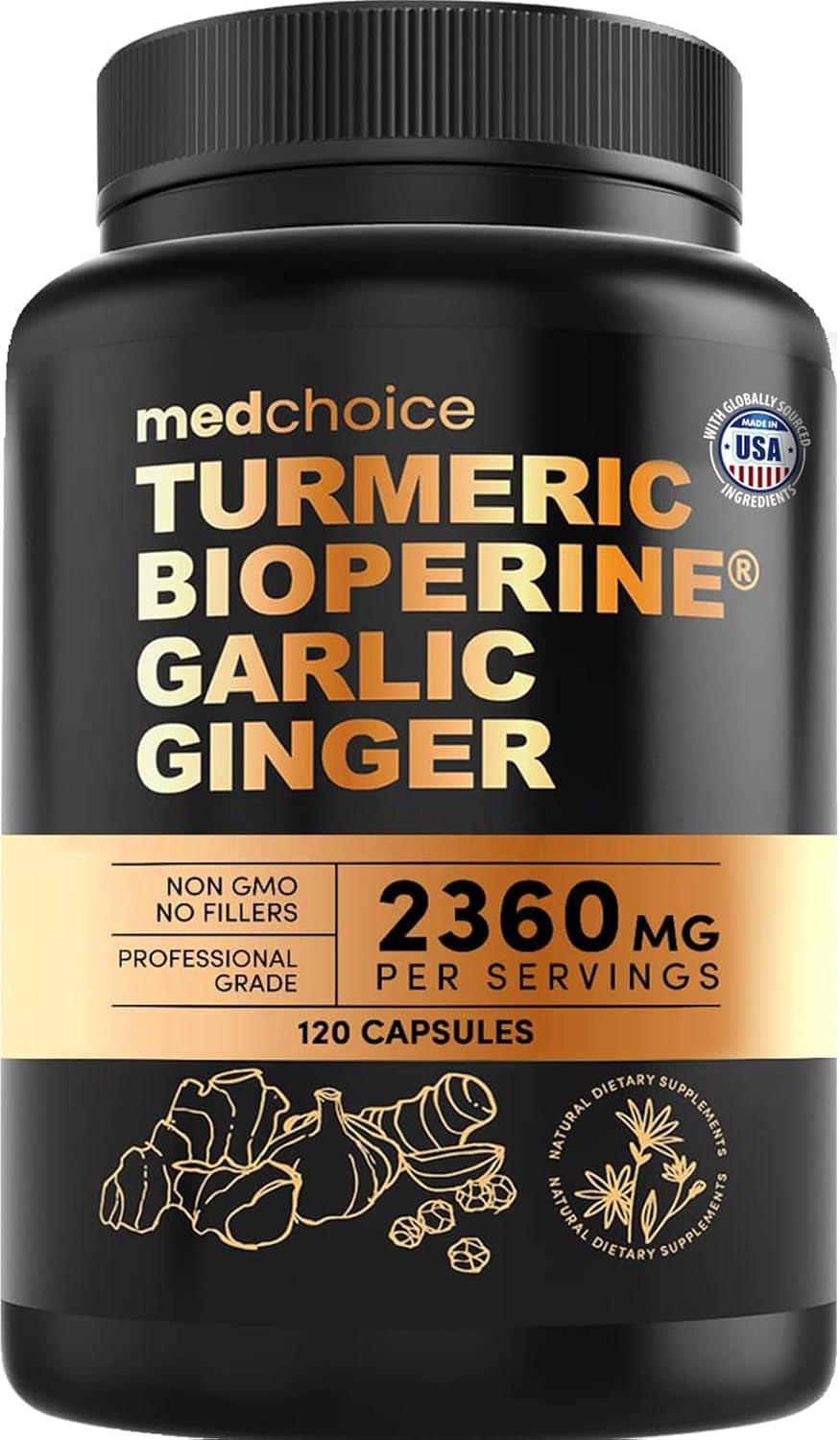 4-In-1 Turmeric and Garlic Supplements with Bioperine 2360 Mg Turmeric Ginger Root Capsules with Garlic for Joint, Digestion & Immune Support (120 Ct)