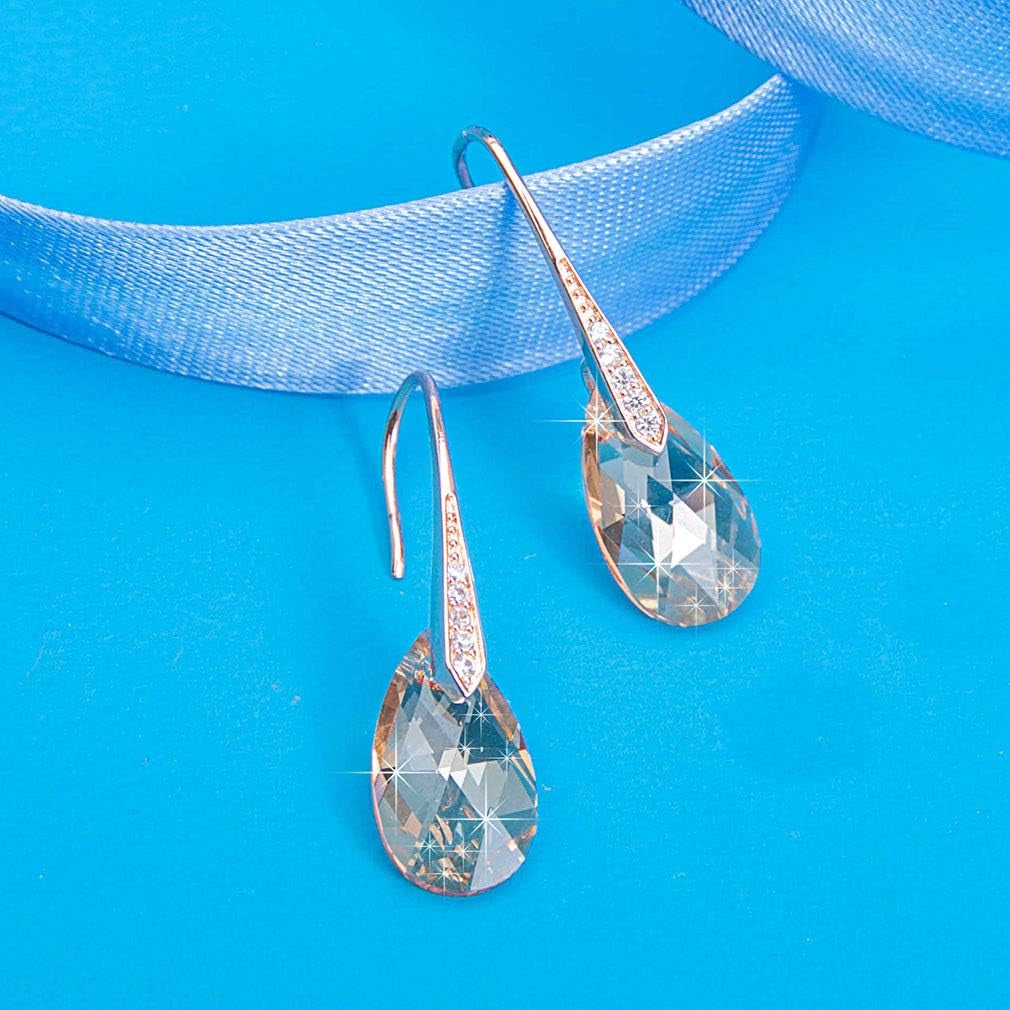 Austrian Crystal Teardrop Dangle Earrings for Women Drop Hook Earring 14K Rose Gold Plated Hypoallergenic Jewelry