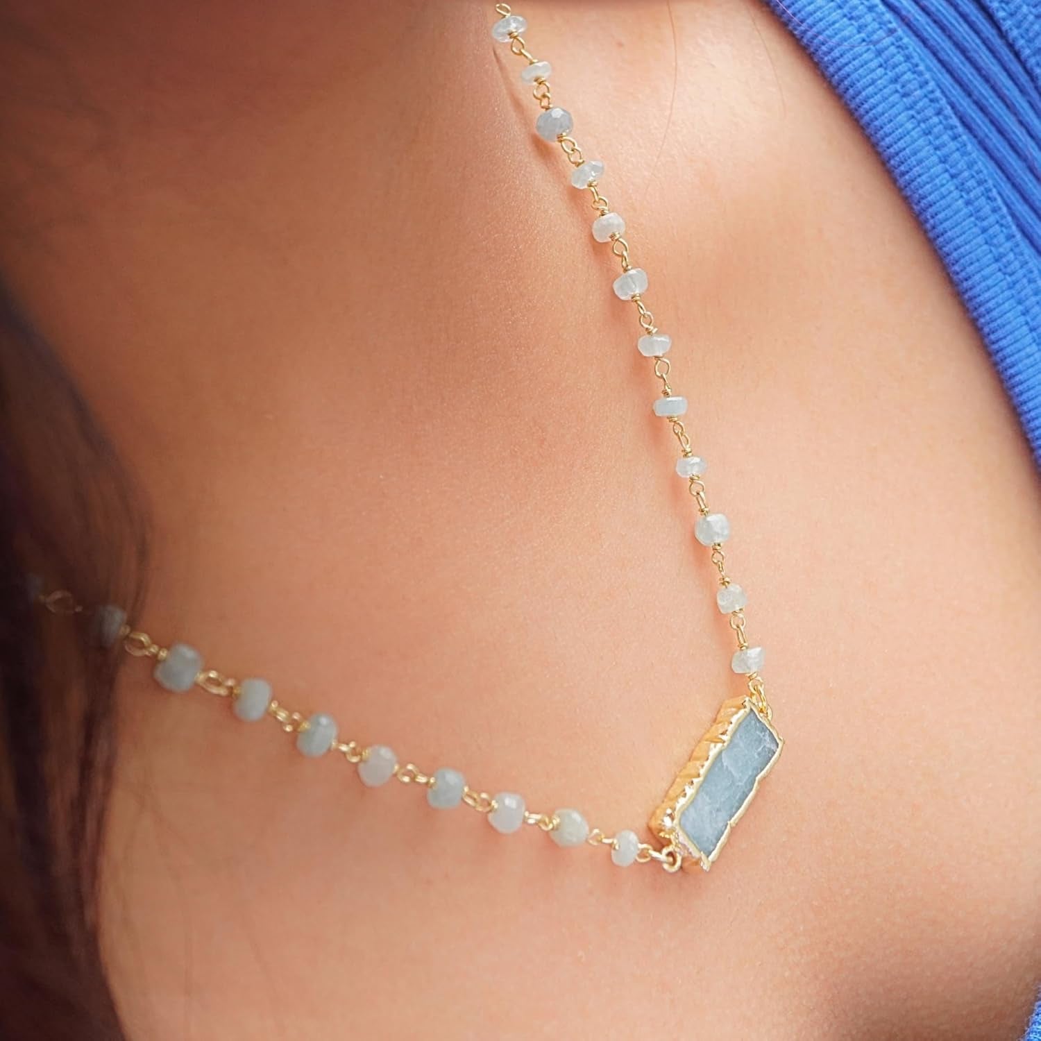 Aquamarine Necklace for Women, Rectangle Premium Gold Beaded Necklaces - Tarnish Free 18K Gold Plated Certified S925 Classic Statement Necklace Gold Jewelry for Women - Mothers Day Gifts for Mom Wife