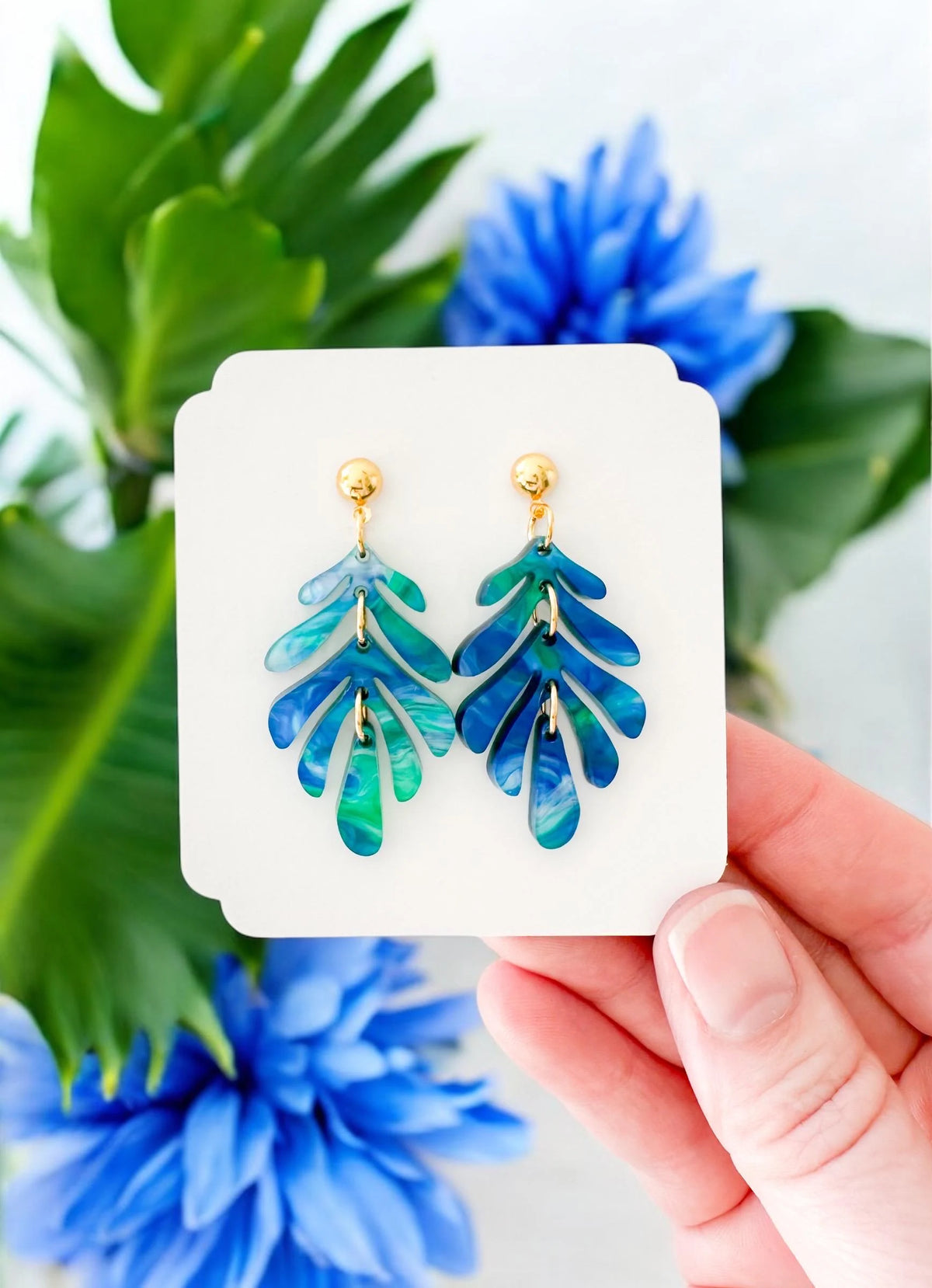 Turquoise Pearl Hinged Leaf Earrings | Ocean Blue Green Stacked Leaf Tropical Earrings | Blue Green Acrylic Summer Earrings