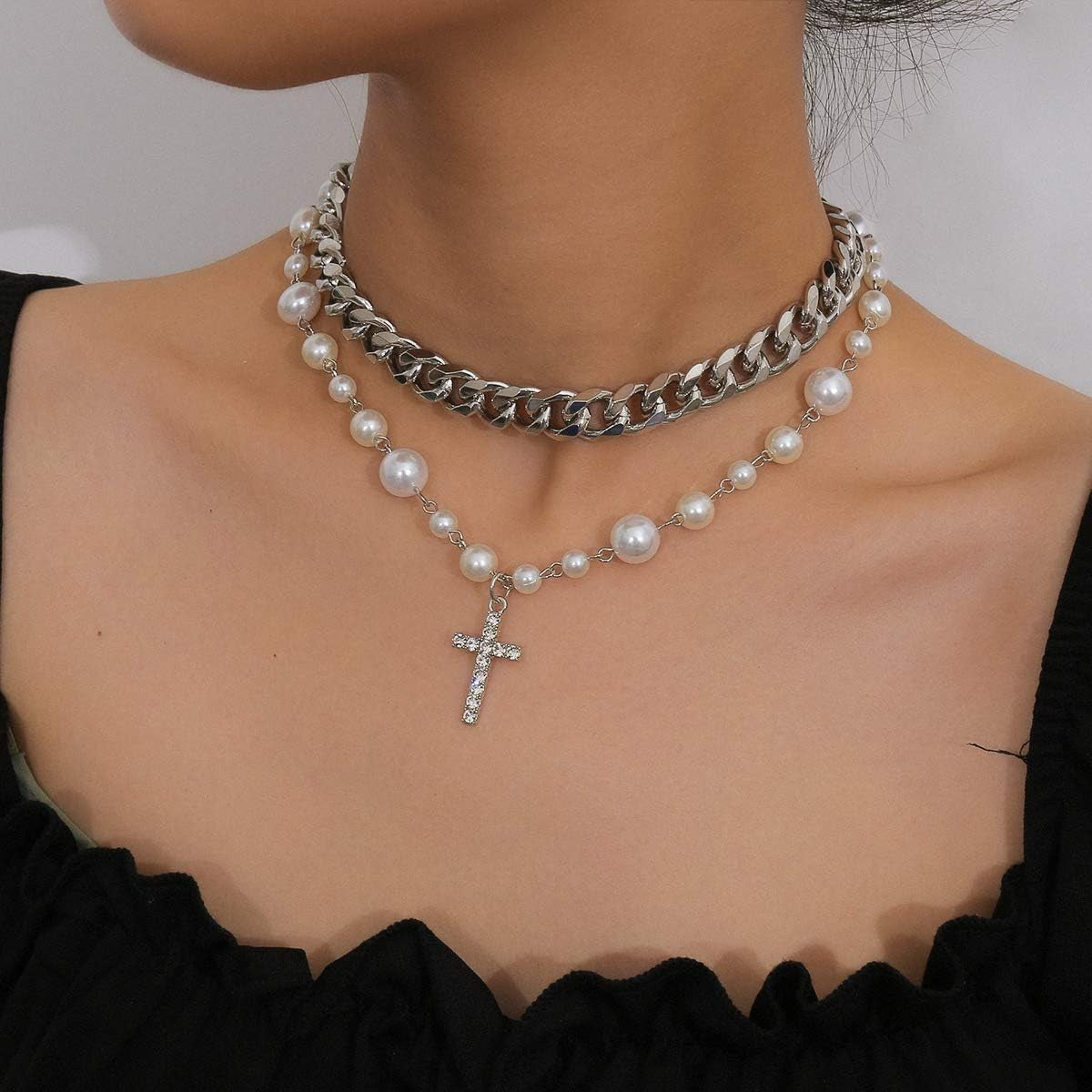 Pearl Cross Necklace for Women Silver Layered Crystal Cross Pendant Punk Chain Choker Necklace Dainty Jewelry