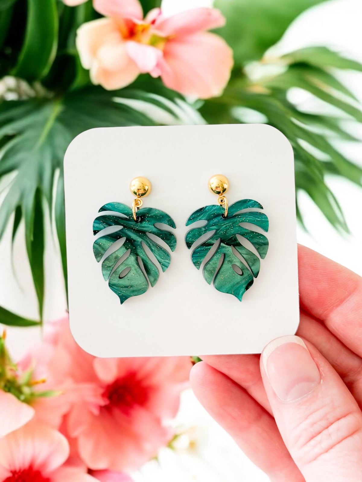 Monstera Leaf Earrings | Green Monstera Summer Earrings | Summer Palm Leaf Earrings