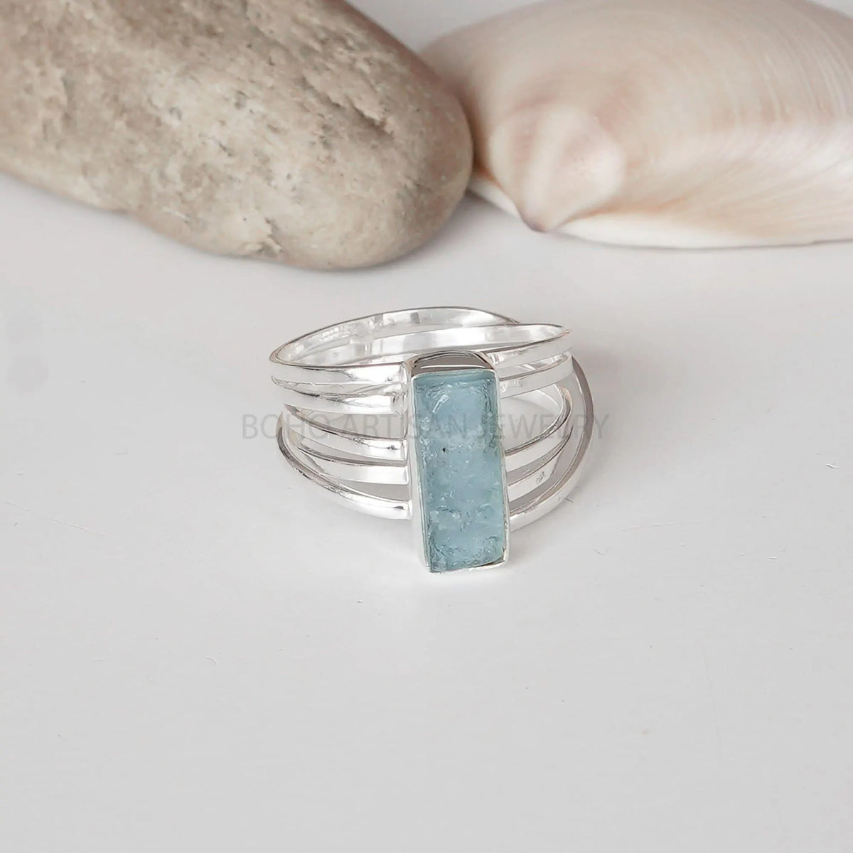 Raw Aquamarine Spiral Ring, Natural Bar Ring, Sterling Silver Jewelry, Aquamarine Ring, March Birthstone, Crystal Ring, Gift for Women