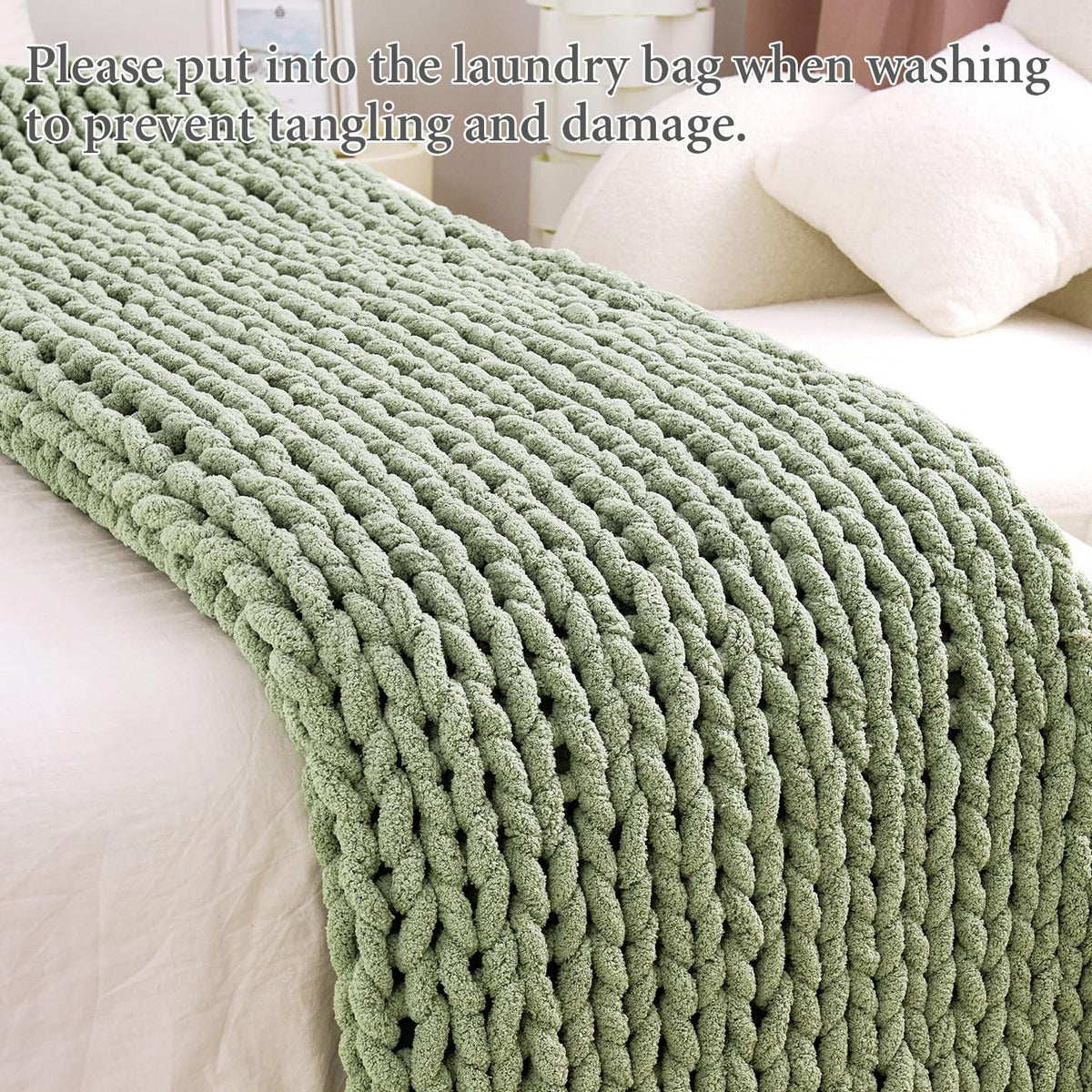 Chunky Knit Blanket Throw, 100% Hand Knit Chenille Throw Blanket for Sofa & Home Decor, Soft and Cozy Knitted Throw Blankets (Sage Green，51"X63")