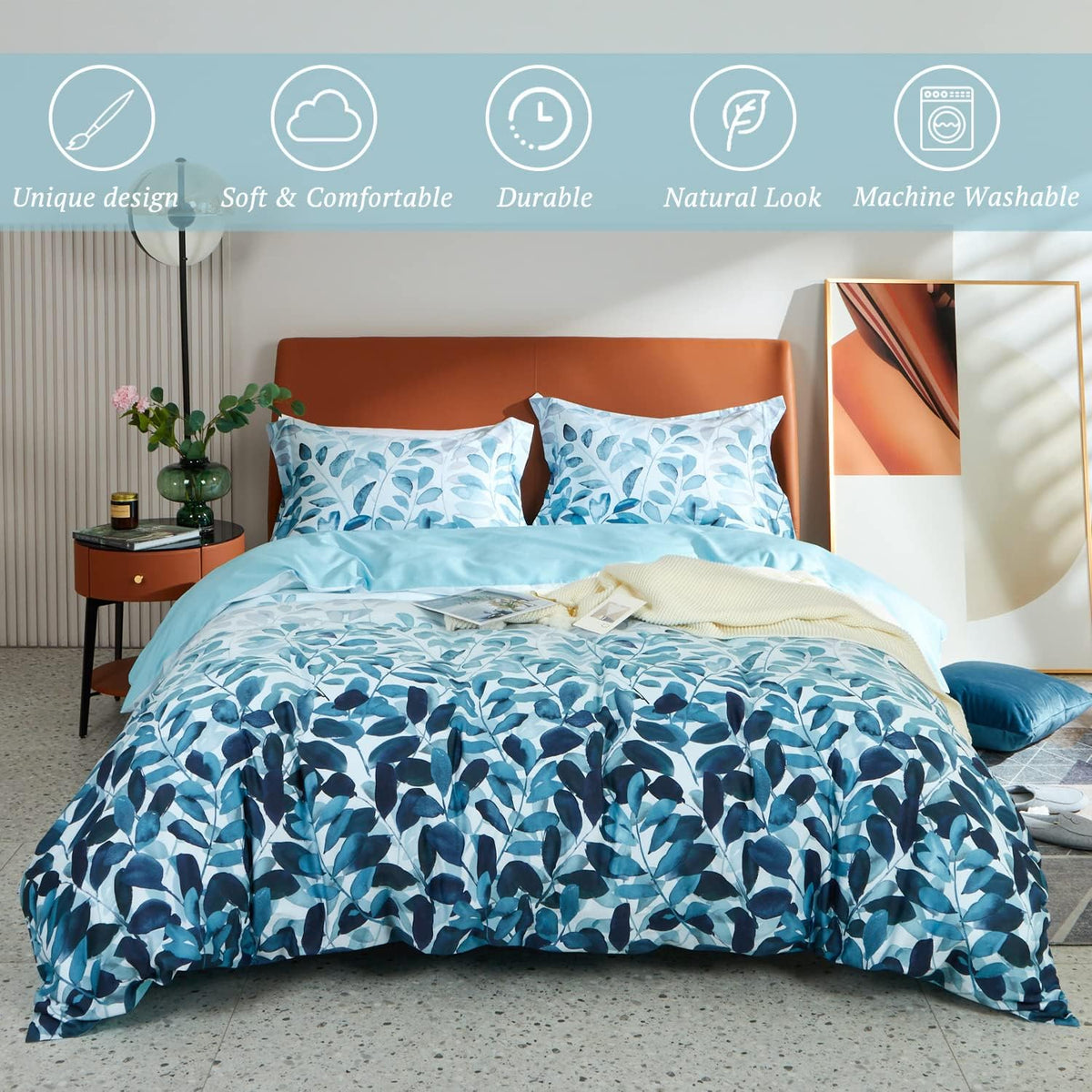 100% Long Staple Cotton Duvet Cover Set Gradient Blue Leaves Printed Comforter Cover Set Farmhouse Plant Comforter Cover Set