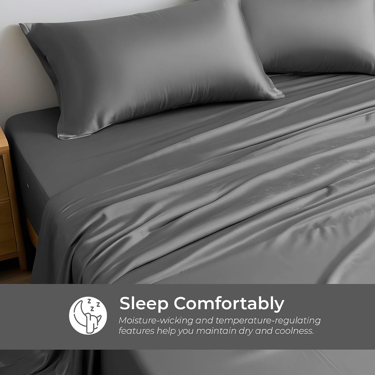 Queen Flat Sheet Only - Rayon Derived from Bamboo Silk Bed Sheet, Premium Breathable Cooling Sheet, Soft Top Sheet (Queen, Charcoal Grey)