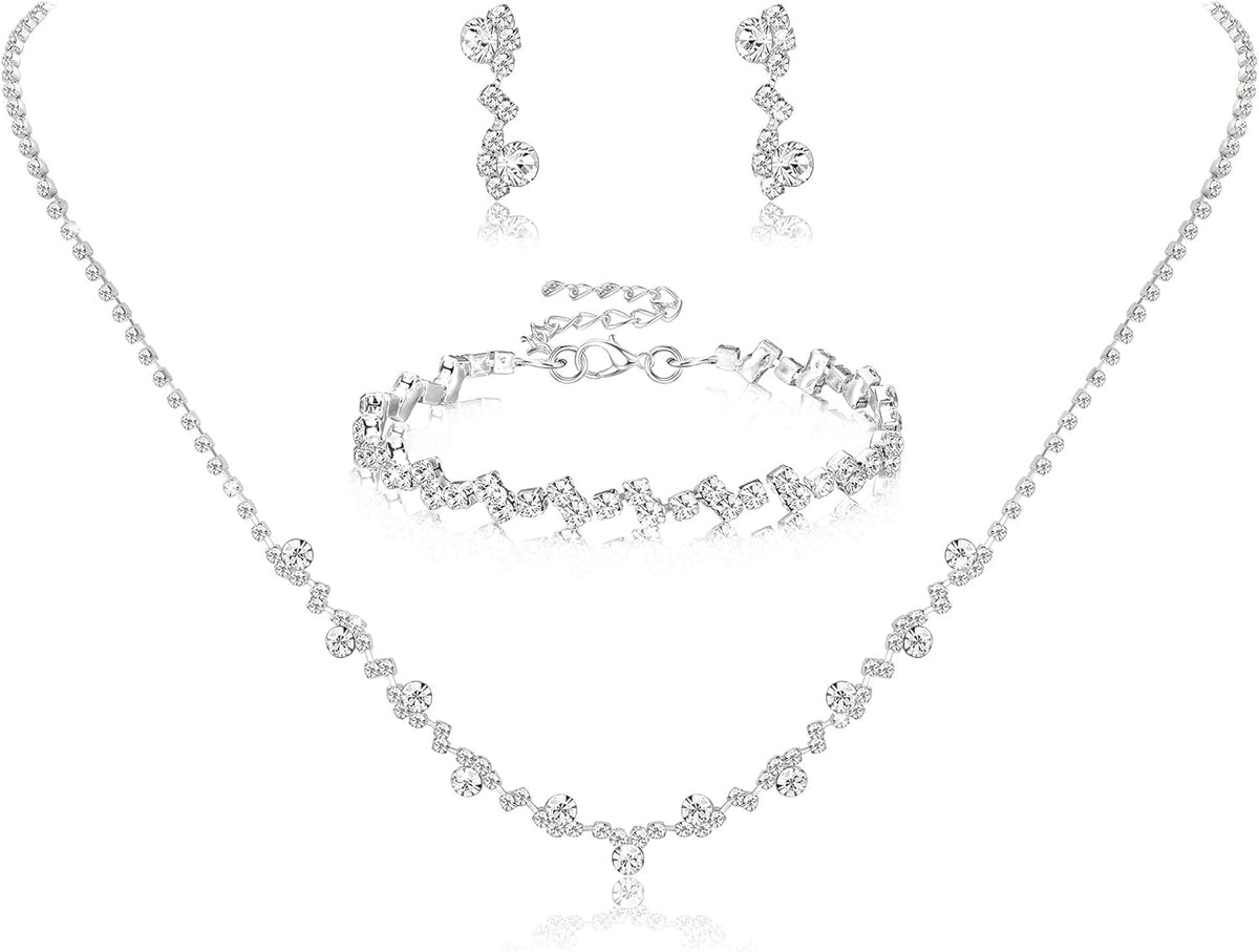 Silver Bridal Wedding Jewelry Set Crystal Necklace Bracelet Dangle Earrings Set for Bride Bridesmaid Rhinestone Necklace Prom Costume Jewelry Set Accessories for Women