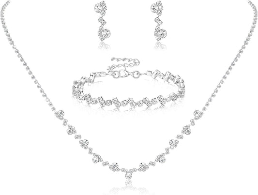 Silver Bridal Wedding Jewelry Set Crystal Necklace Bracelet Dangle Earrings Set for Bride Bridesmaid Rhinestone Necklace Prom Costume Jewelry Set Accessories for Women