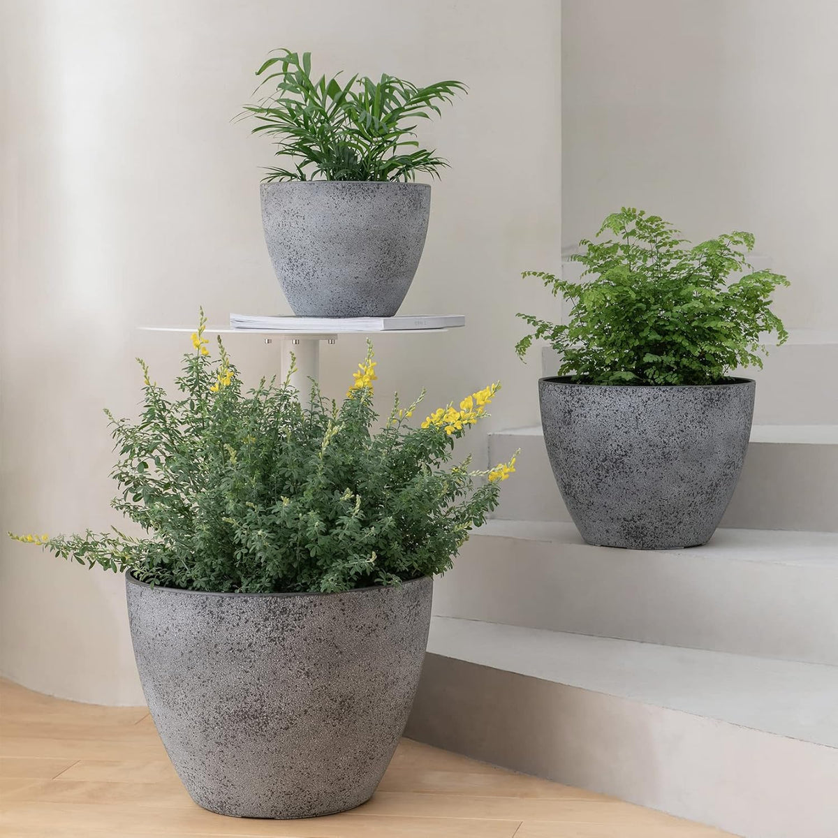 14.2/11.3/8.6 Inch Planters,Set of 3 Indoor/Outdoor round Planters,Grey Tree Planters,Plant Container with Drain Holes,Flower Pots for Patio and Deck