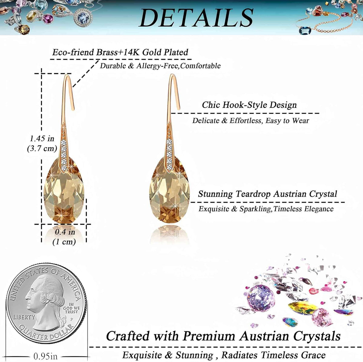 Austrian Crystal Teardrop Dangle Earrings for Women Drop Hook Earring 14K Rose Gold Plated Hypoallergenic Jewelry