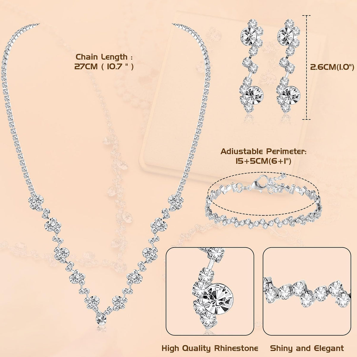 Silver Bridal Wedding Jewelry Set Crystal Necklace Bracelet Dangle Earrings Set for Bride Bridesmaid Rhinestone Necklace Prom Costume Jewelry Set Accessories for Women