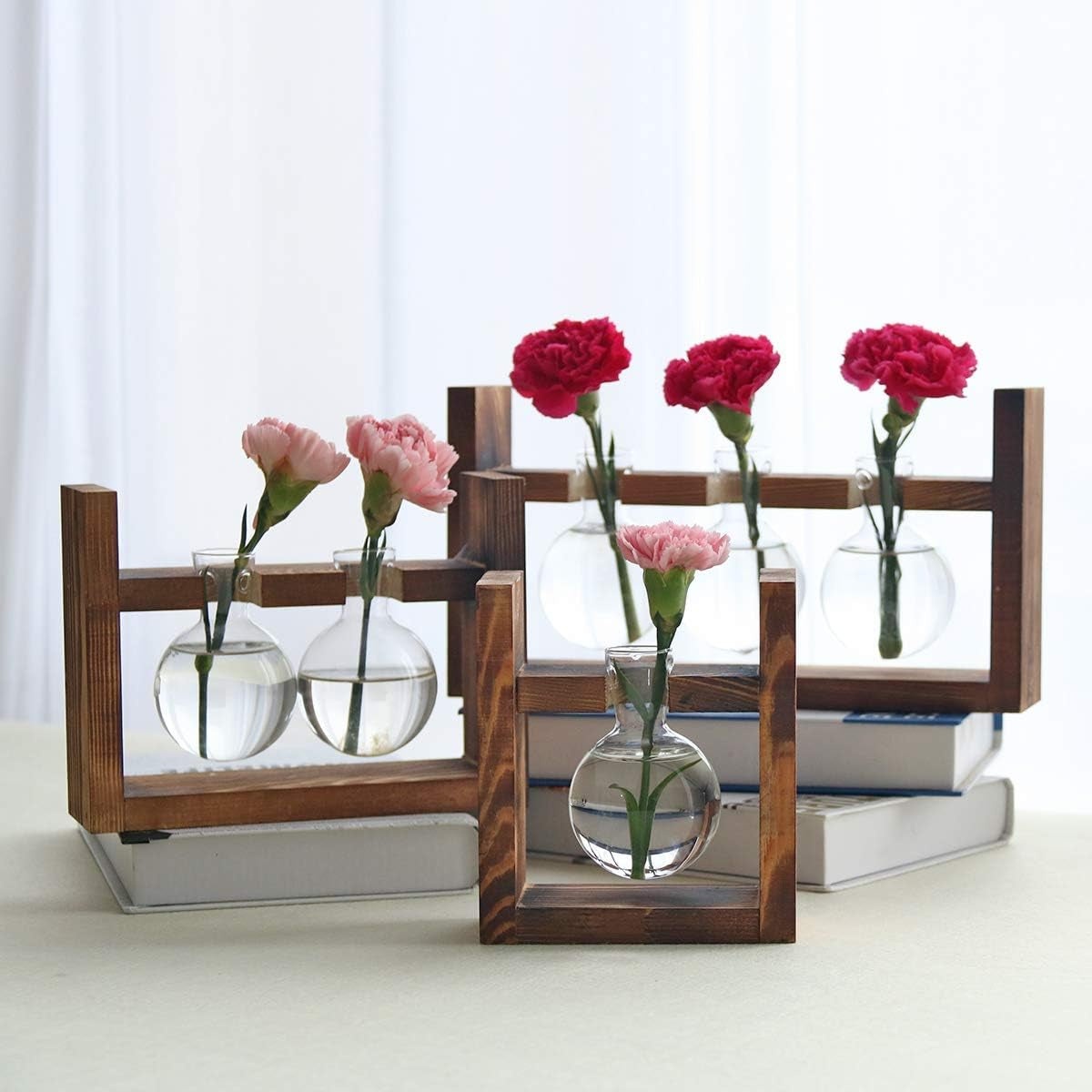 Glass Plant Terrarium - 3 Bulbs Propagation Station with Retro Wood Stand Indoor Garden Planter, Bulb Vase & Desktop Decor for Home Kitchen Wedding, Gift for Women & Plant Lover
