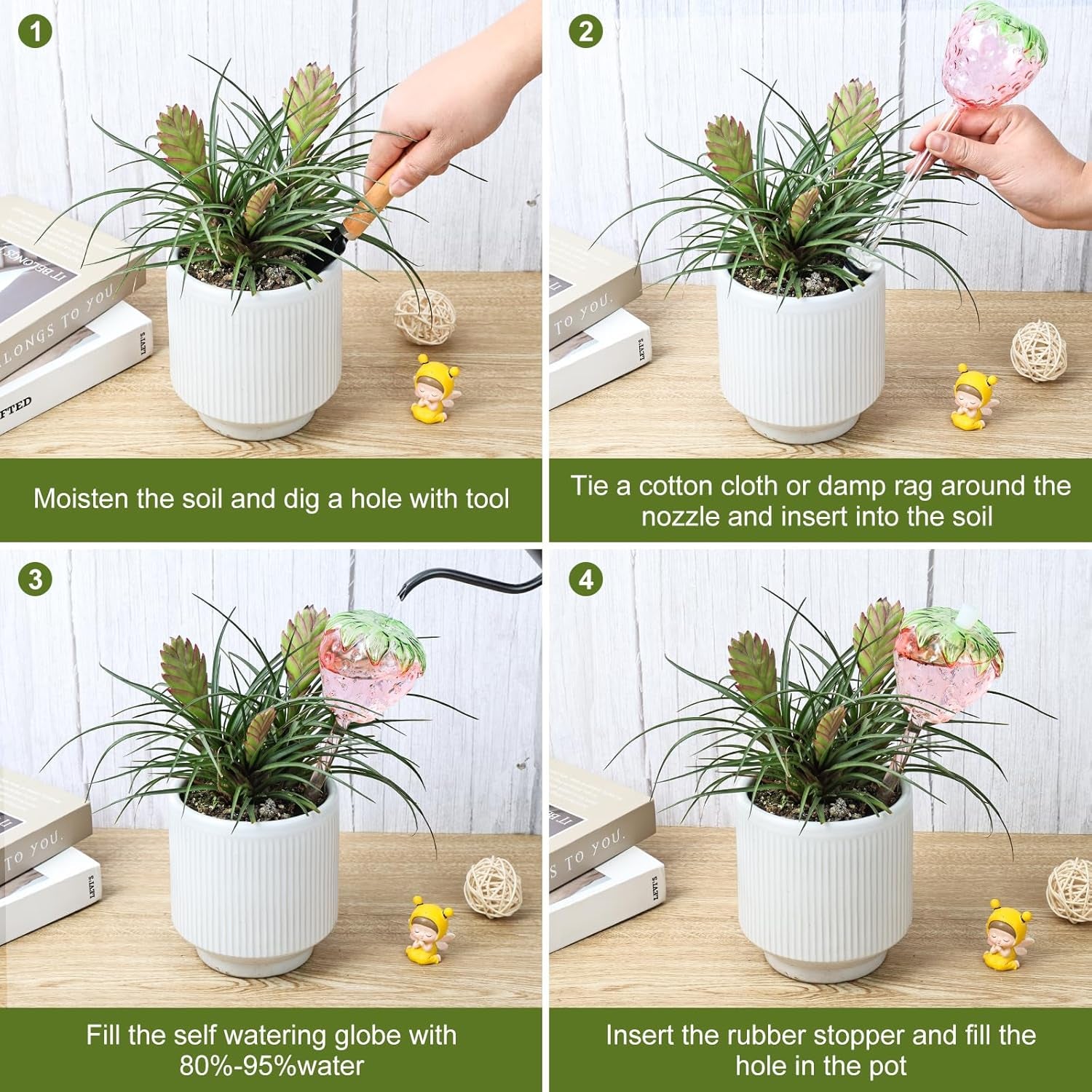 3 Packs Strawberry Plant Watering Globes, Large Water Globes for Indoor Plants, Glass Self Watering Planter Insert, Top-Fill Watering Bulbs for Indoor Outdoor Plants