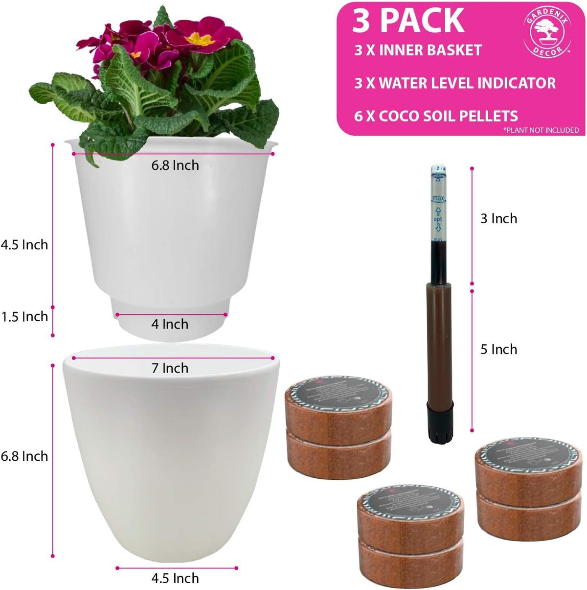 Self Watering Pots for Indoor Plants 3 Pack - Flower Pot with Water Level Indicator for Plants, Grow Tracking Tool - Self Watering Planter Plant Pot - Coco Coir - White