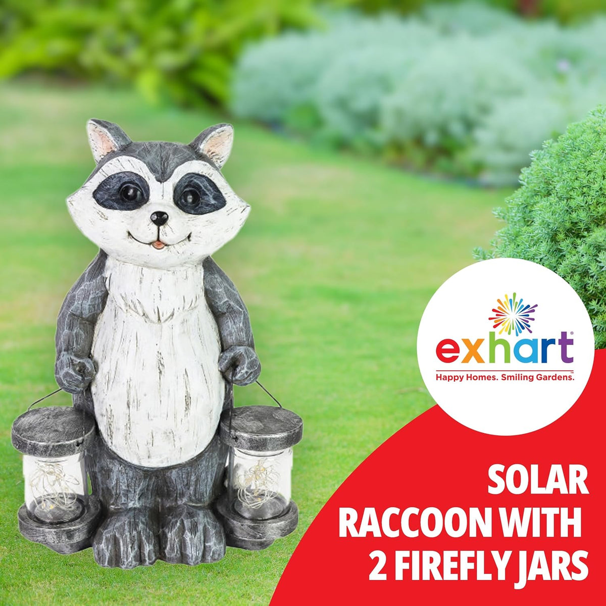 Garden Sculpture, Raccoon Solar Garden Statue with 2 Jars, 16 LED Firefly Lights, Outdoor Garden Decoration, 7.5 X 9 X 10.5 Inch