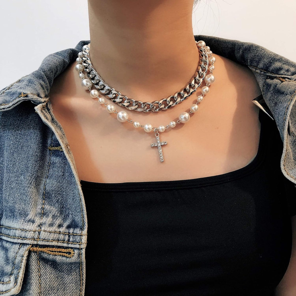 Pearl Cross Necklace for Women Silver Layered Crystal Cross Pendant Punk Chain Choker Necklace Dainty Jewelry