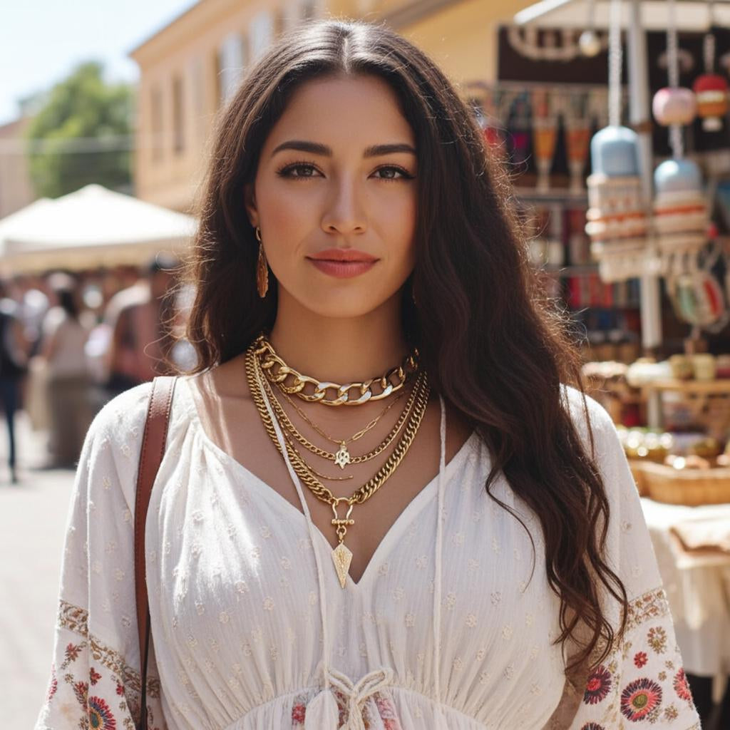 Gold Layered Multi Strand Chunky Chain Choker Collar Necklace Set - Handmade Luxury Statement Jewelry