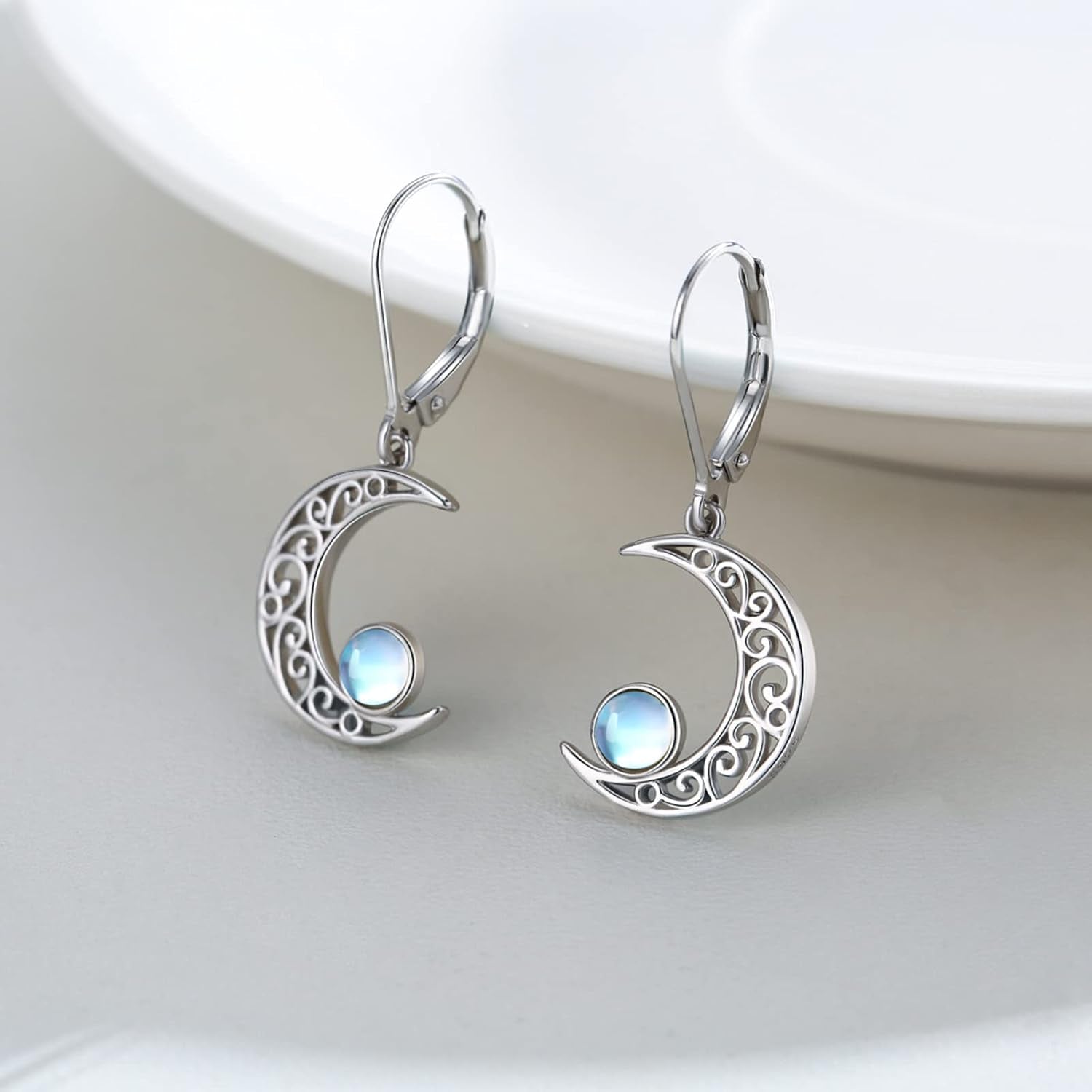 Celtic Moon Sterling Silver Moss Agate Star Earrings - Hypoallergenic Moon Jewelry Gifts for Women