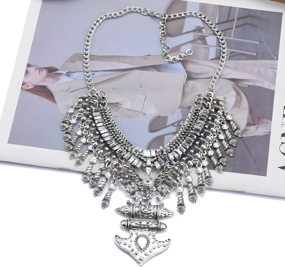 Long Tassel Chunky Boho Coin Statement Necklace for Women Silver