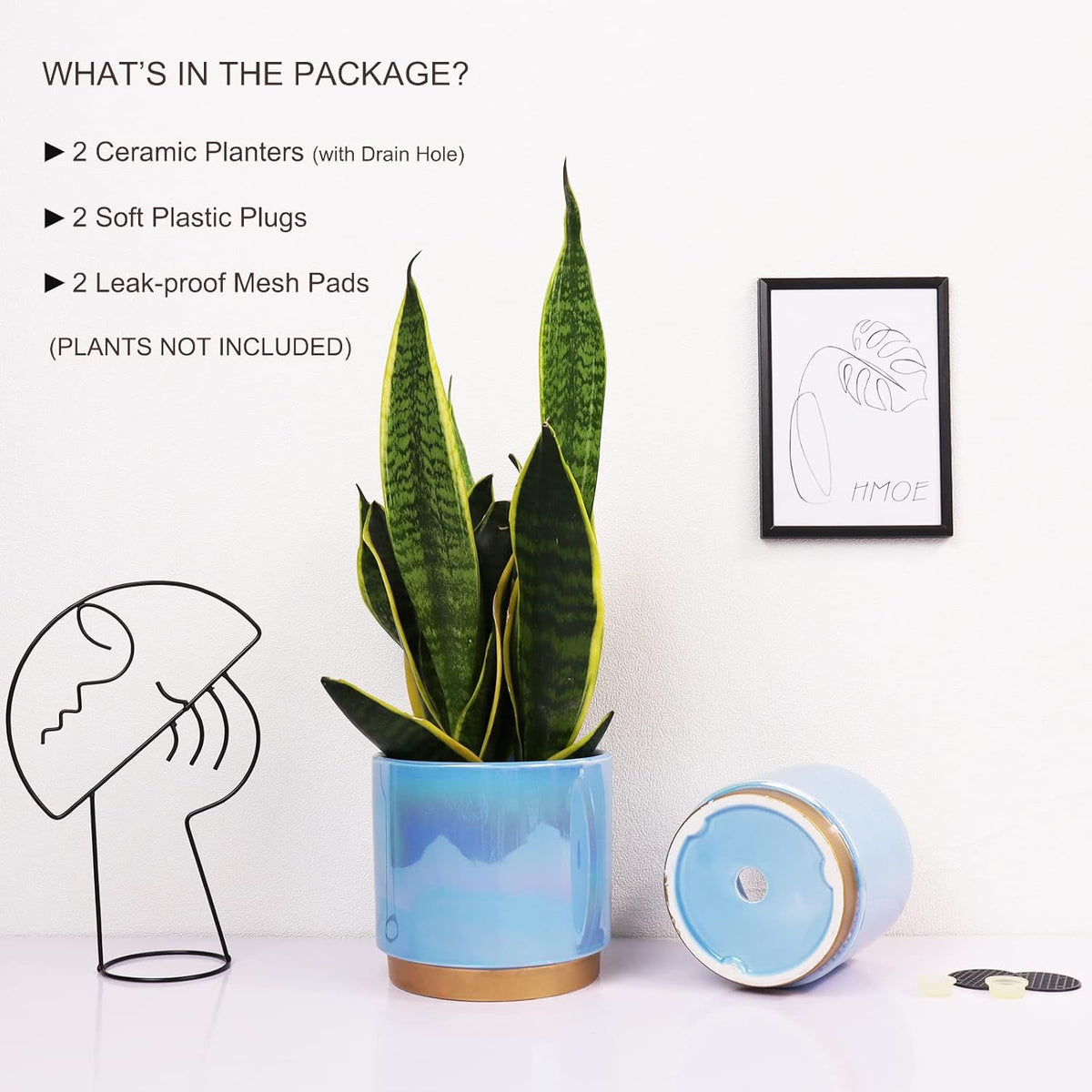 Ceramic Flower Plants Pots Planter with Drainage Hole, 6.0 Inch+5.0 Inch. Indoor-Outdoor Large round Succulent Orchid Pot Set (Blue)