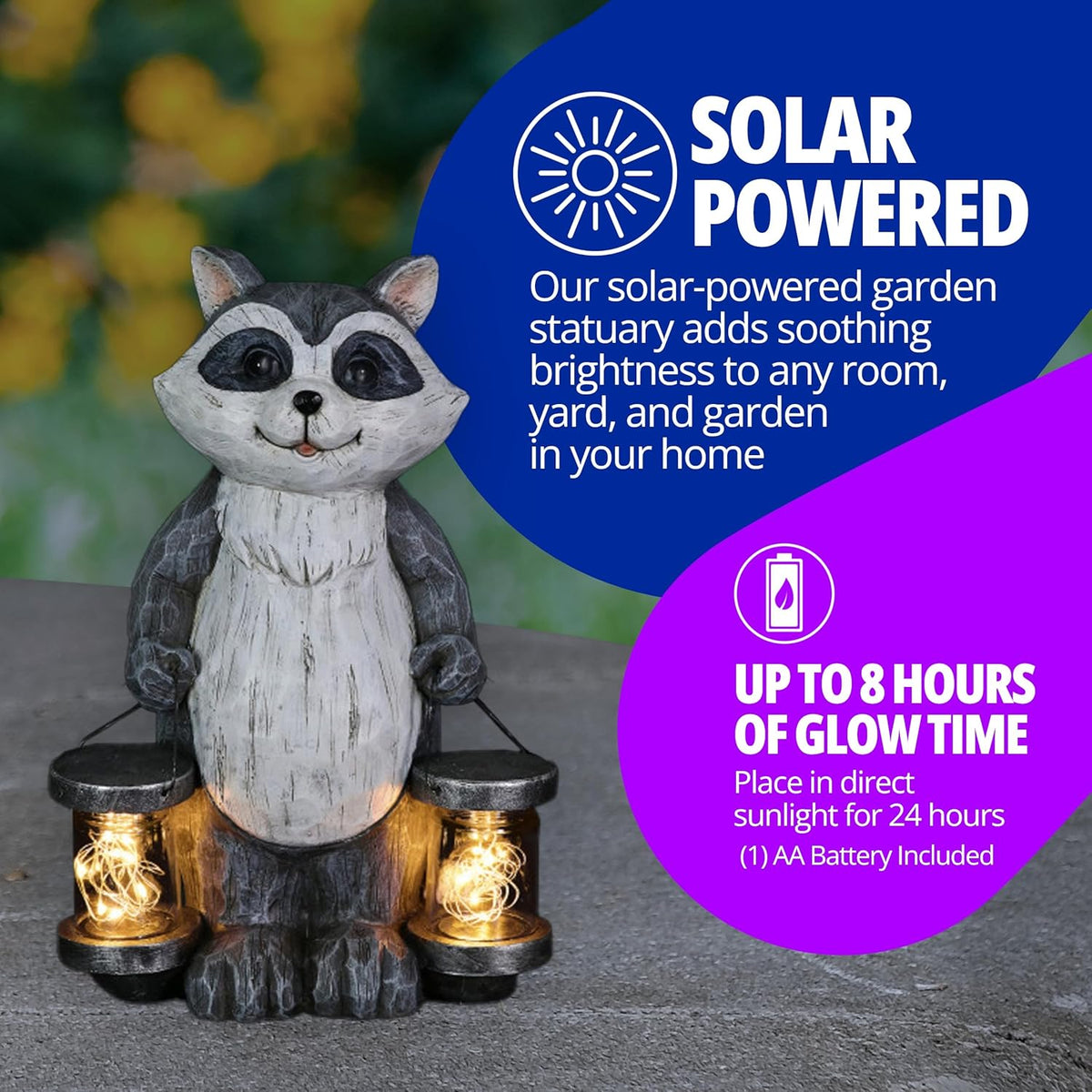 Garden Sculpture, Raccoon Solar Garden Statue with 2 Jars, 16 LED Firefly Lights, Outdoor Garden Decoration, 7.5 X 9 X 10.5 Inch