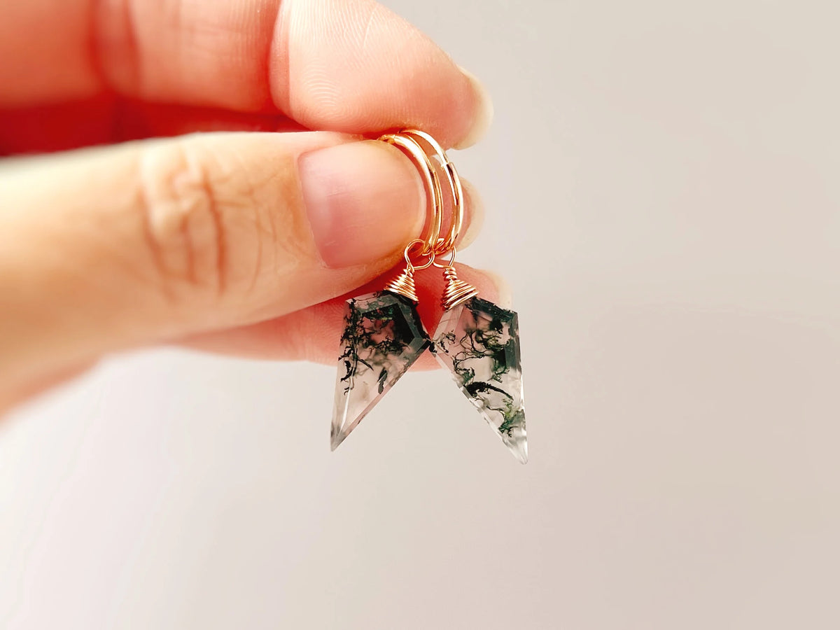 Moss Agate Earrings Dangle Rose Gold Huggie Hoops Sterling Silver Handmade Jewelry 14K Gold Fill Dainty Raw Gemstone Crystal Earrings