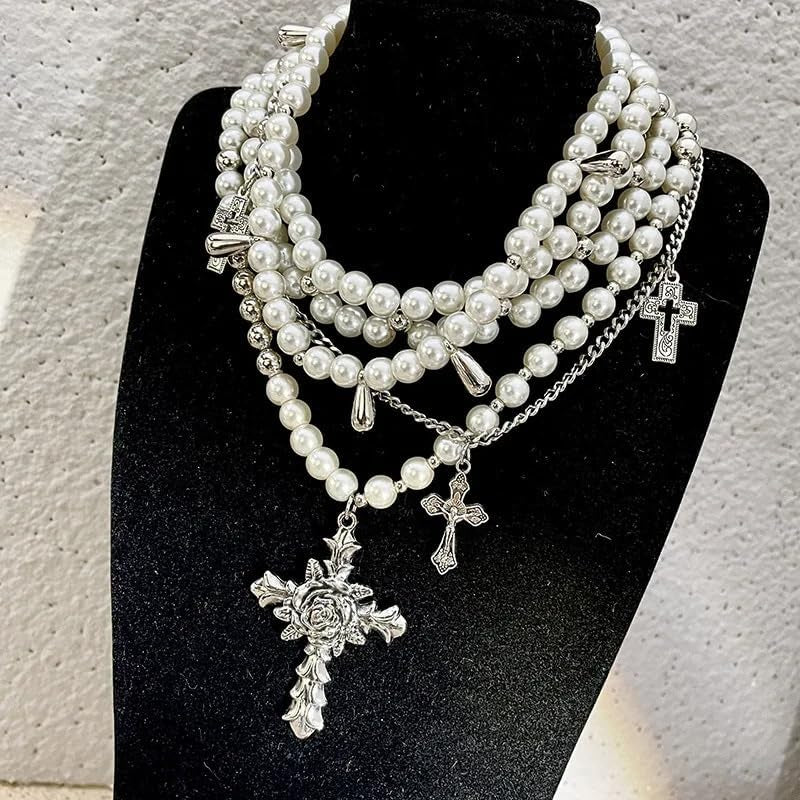 Layered Pearl Necklace Gothic Cross Pearl Stacked Necklace for Women