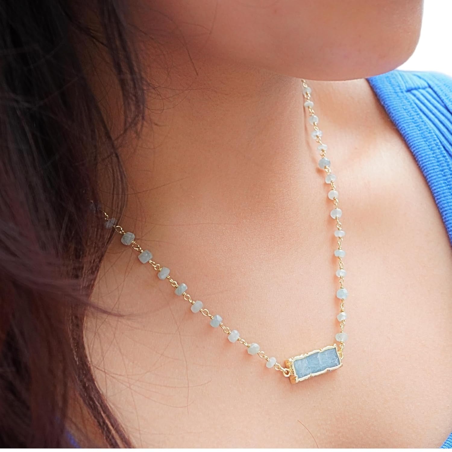 Aquamarine Necklace for Women, Rectangle Premium Gold Beaded Necklaces - Tarnish Free 18K Gold Plated Certified S925 Classic Statement Necklace Gold Jewelry for Women - Mothers Day Gifts for Mom Wife