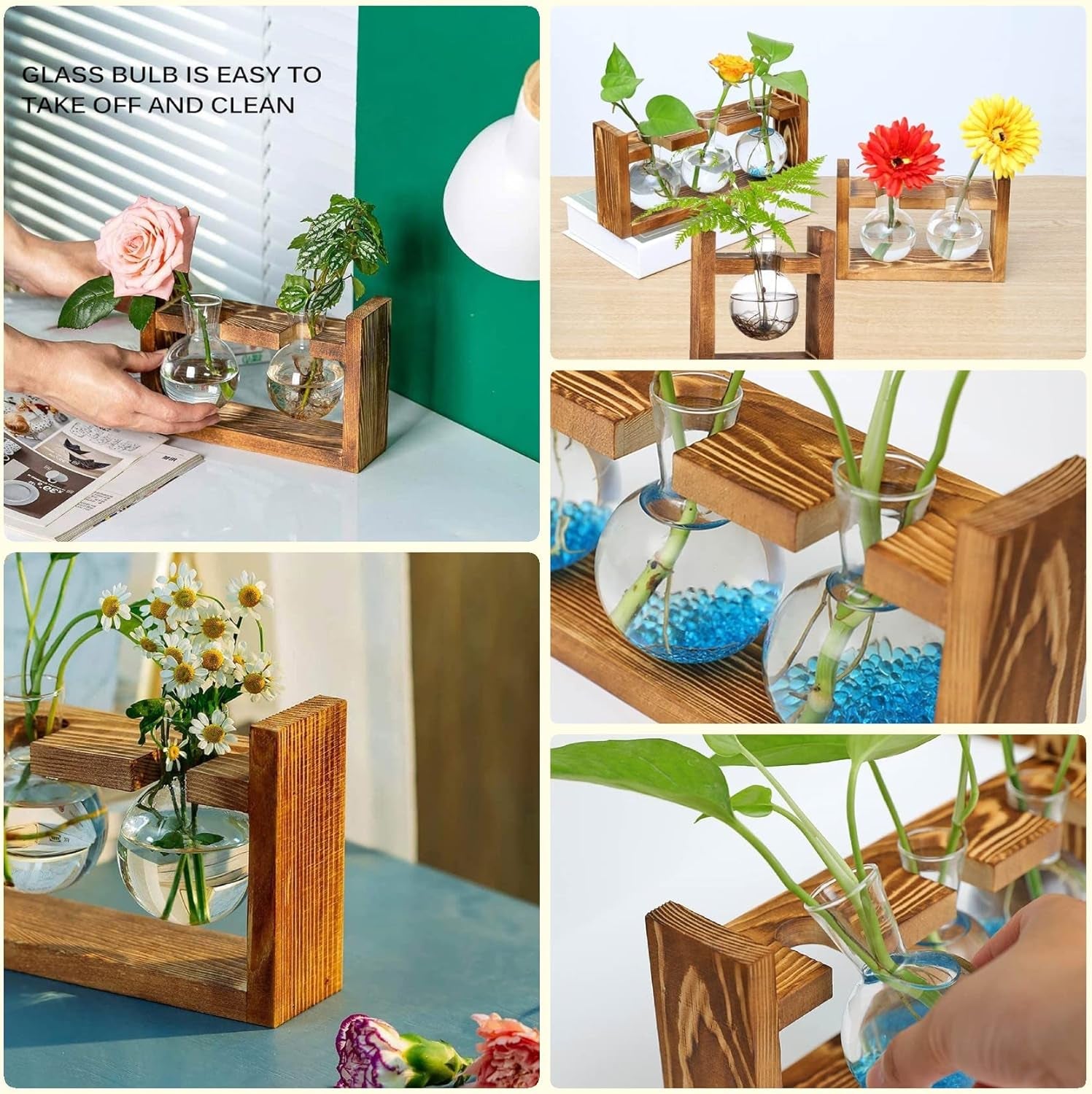 Glass Plant Terrarium - 3 Bulbs Propagation Station with Retro Wood Stand Indoor Garden Planter, Bulb Vase & Desktop Decor for Home Kitchen Wedding, Gift for Women & Plant Lover