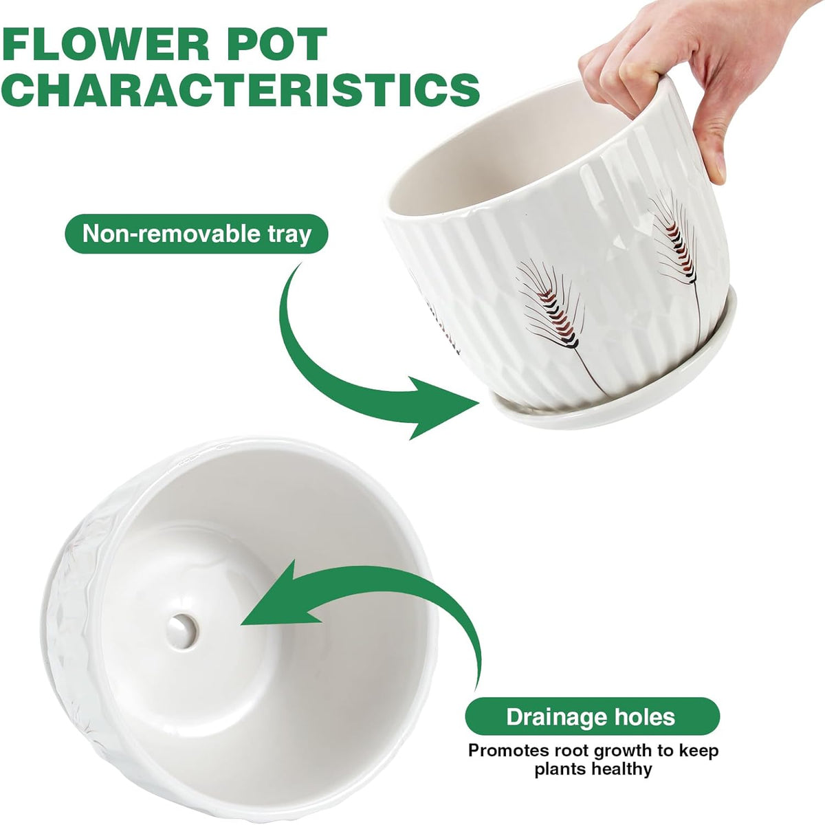 Ceramic Plant Pots 4" & 5.5" & 7" Plant Pots Indoor with Drainage, Set of 3 Ceramic Pots for Plants, Outdoor Flower Pot with Drainage Holes and Saucers