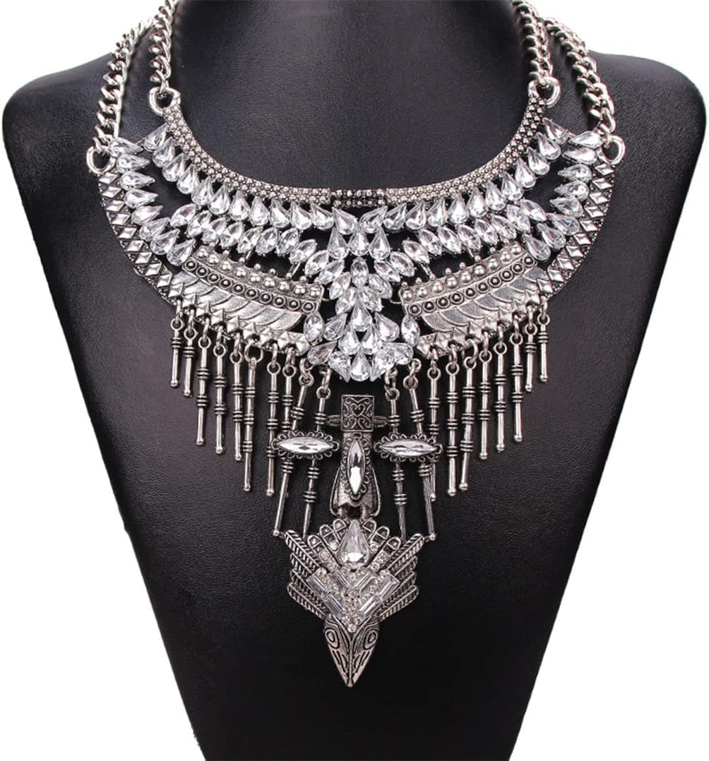 Long Tassel Chunky Boho Coin Statement Necklace for Women Silver