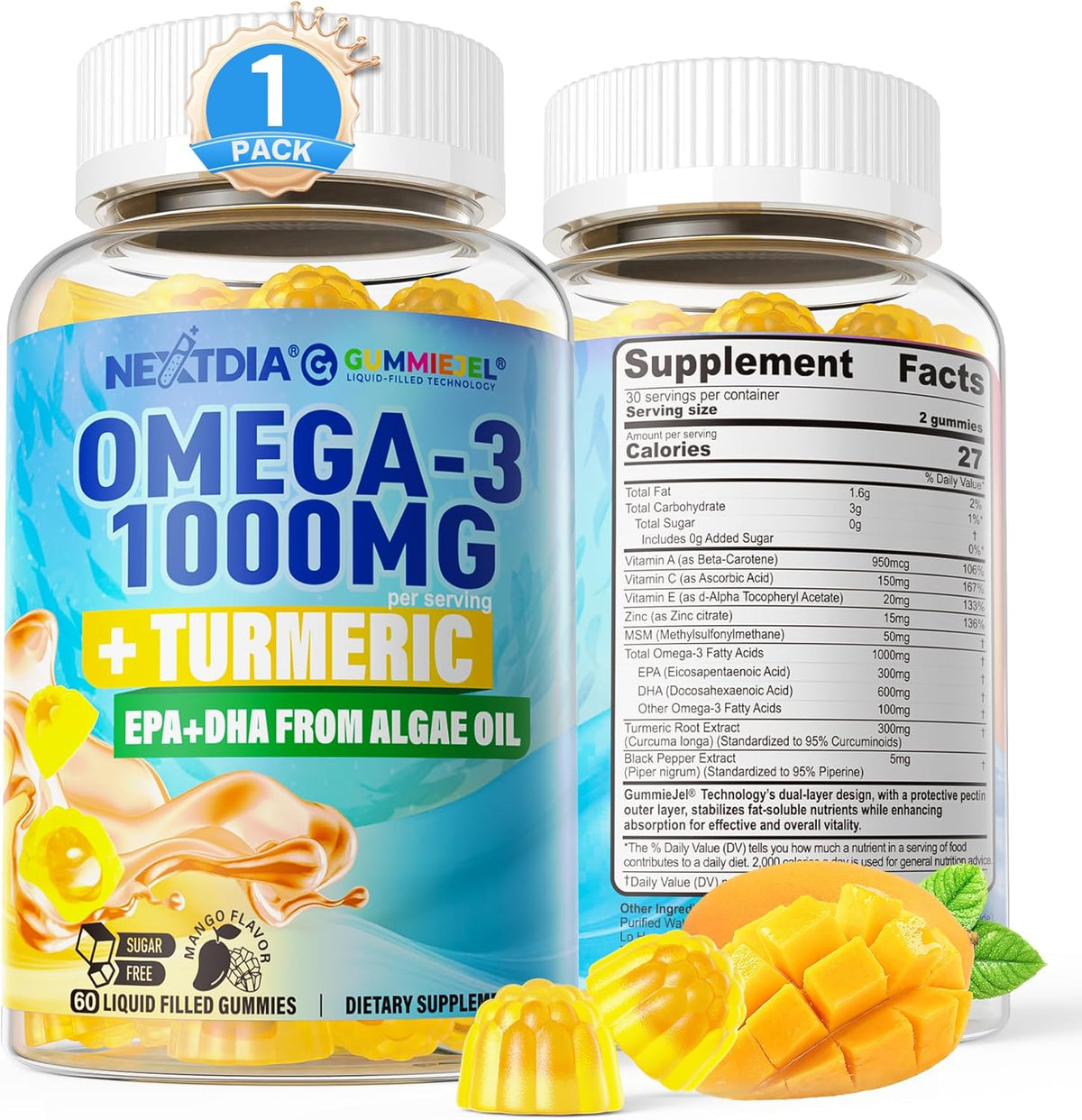 Vegan Omega-3 Gummies 1000Mg + Turmeric - Omega 3 Fish Oil Alternative for Adults - Algae DHA 600Mg & EPA 300Mg, Vitamins A, C, E, Zinc & MSM, Sugar Free, 60 Cts