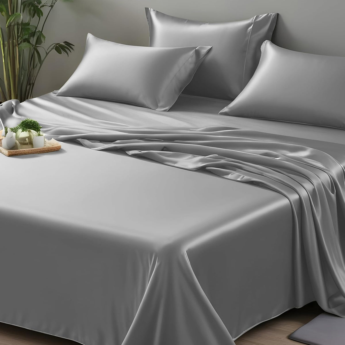 Queen Flat Sheet Only - Rayon Derived from Bamboo Silk Bed Sheet, Premium Breathable Cooling Sheet, Soft Top Sheet (Queen, Charcoal Grey)