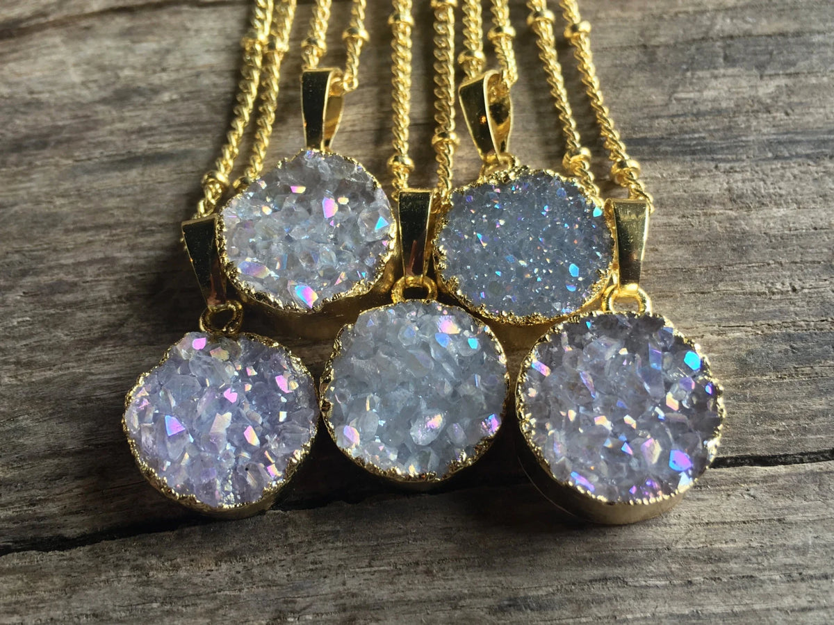 Raw Druzy Necklace Angel Aura Quartz Necklace Raw Druzy Jewelry for Women Druzy Crystal Jewelry Small Crystal Necklace Raw Stone Necklace