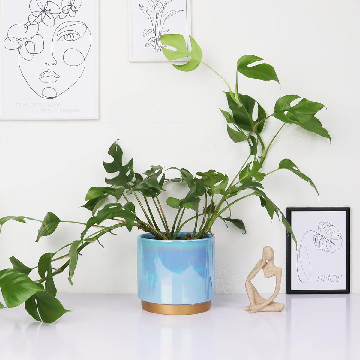 Ceramic Flower Plants Pots Planter with Drainage Hole, 6.0 Inch+5.0 Inch. Indoor-Outdoor Large round Succulent Orchid Pot Set (Blue)