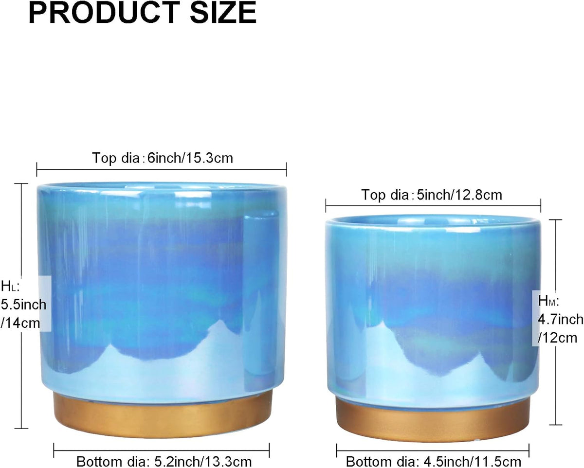 Ceramic Flower Plants Pots Planter with Drainage Hole, 6.0 Inch+5.0 Inch. Indoor-Outdoor Large round Succulent Orchid Pot Set (Blue)