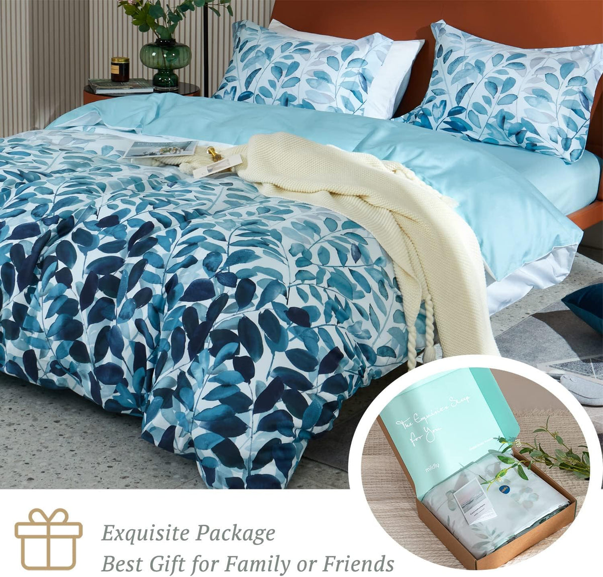 100% Long Staple Cotton Duvet Cover Set Gradient Blue Leaves Printed Comforter Cover Set Farmhouse Plant Comforter Cover Set