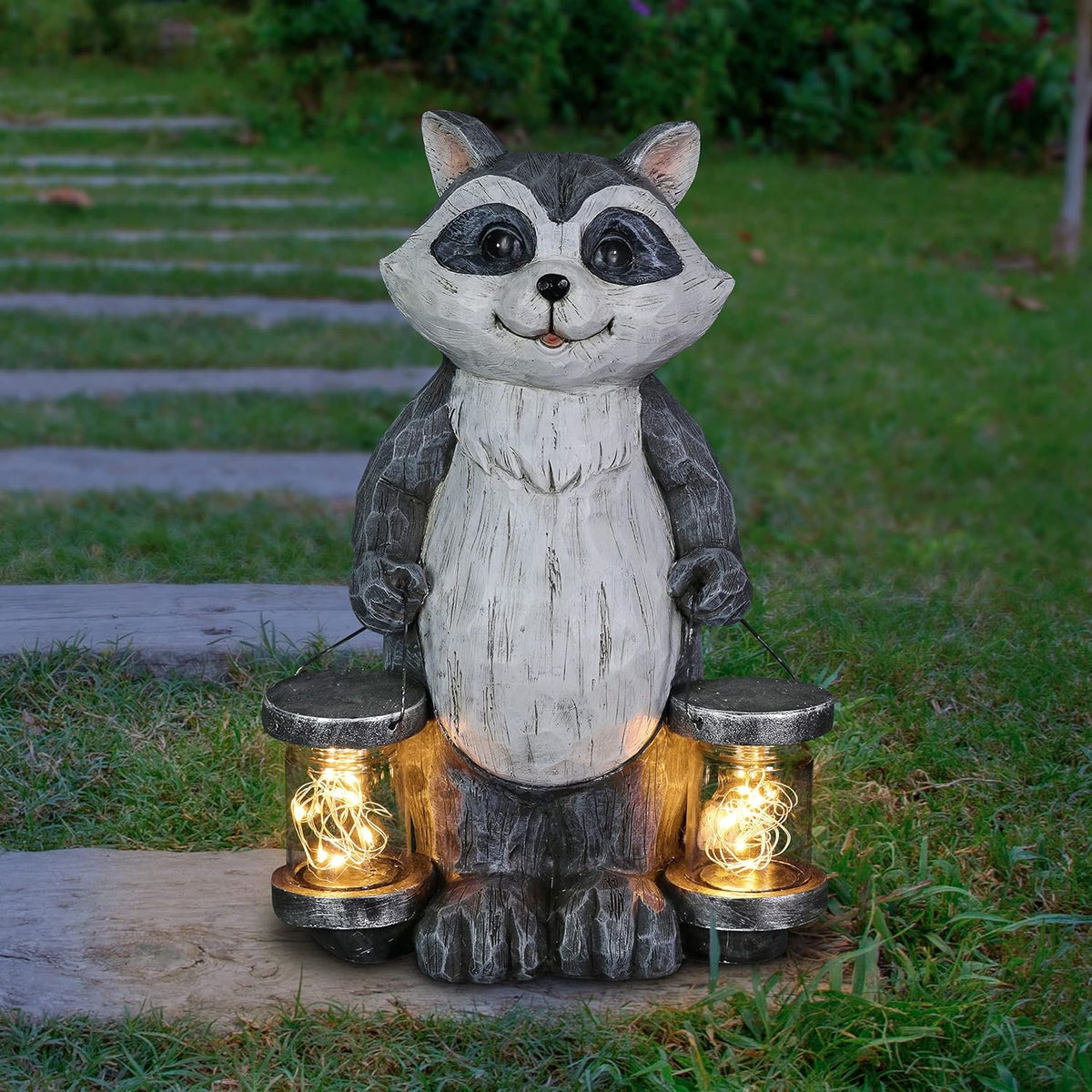 Garden Sculpture, Raccoon Solar Garden Statue with 2 Jars, 16 LED Firefly Lights, Outdoor Garden Decoration, 7.5 X 9 X 10.5 Inch