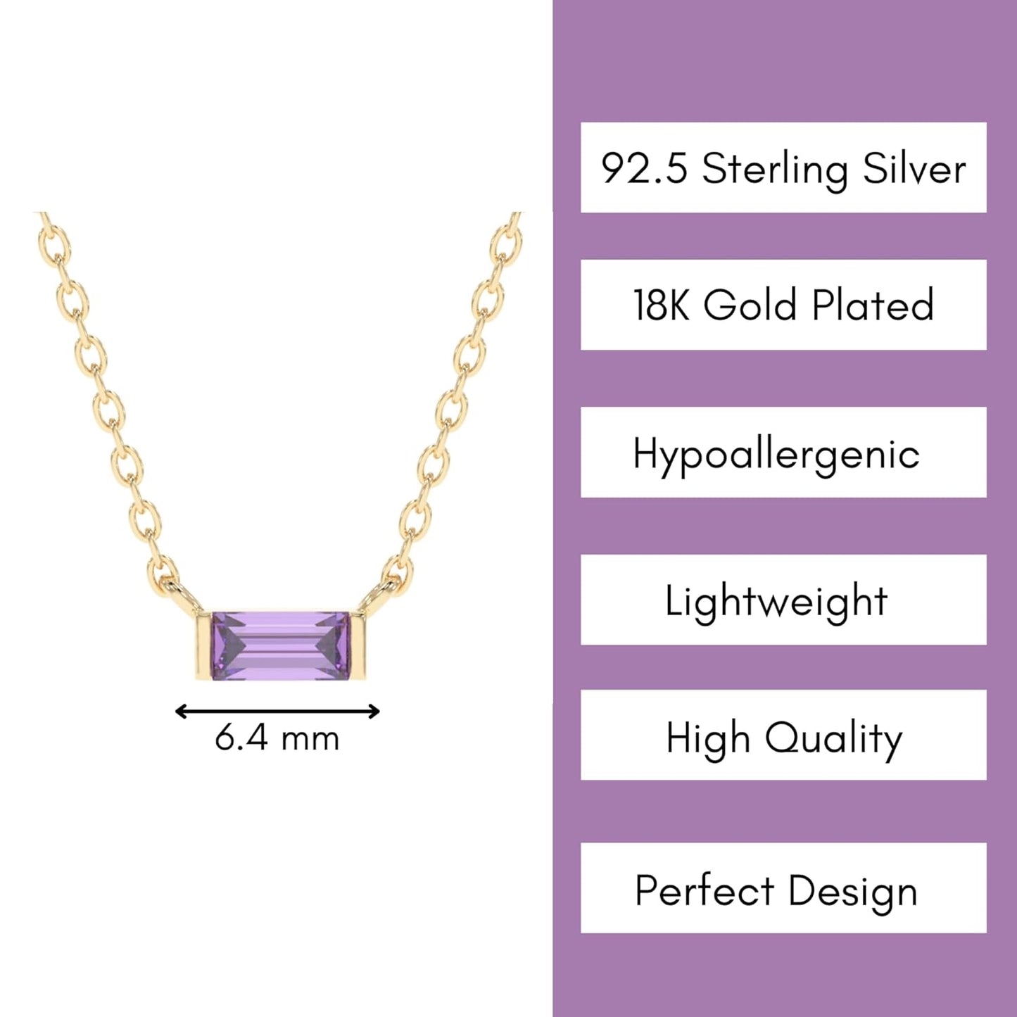 Amethyst Necklace for Women, Premium Gold Minimalist Rectangle Necklaces - Tarnish Free 18K Gold Plated Certified S925 Statement Necklace Gold Jewelry for Women - Mothers Day Gifts for Mom Wife