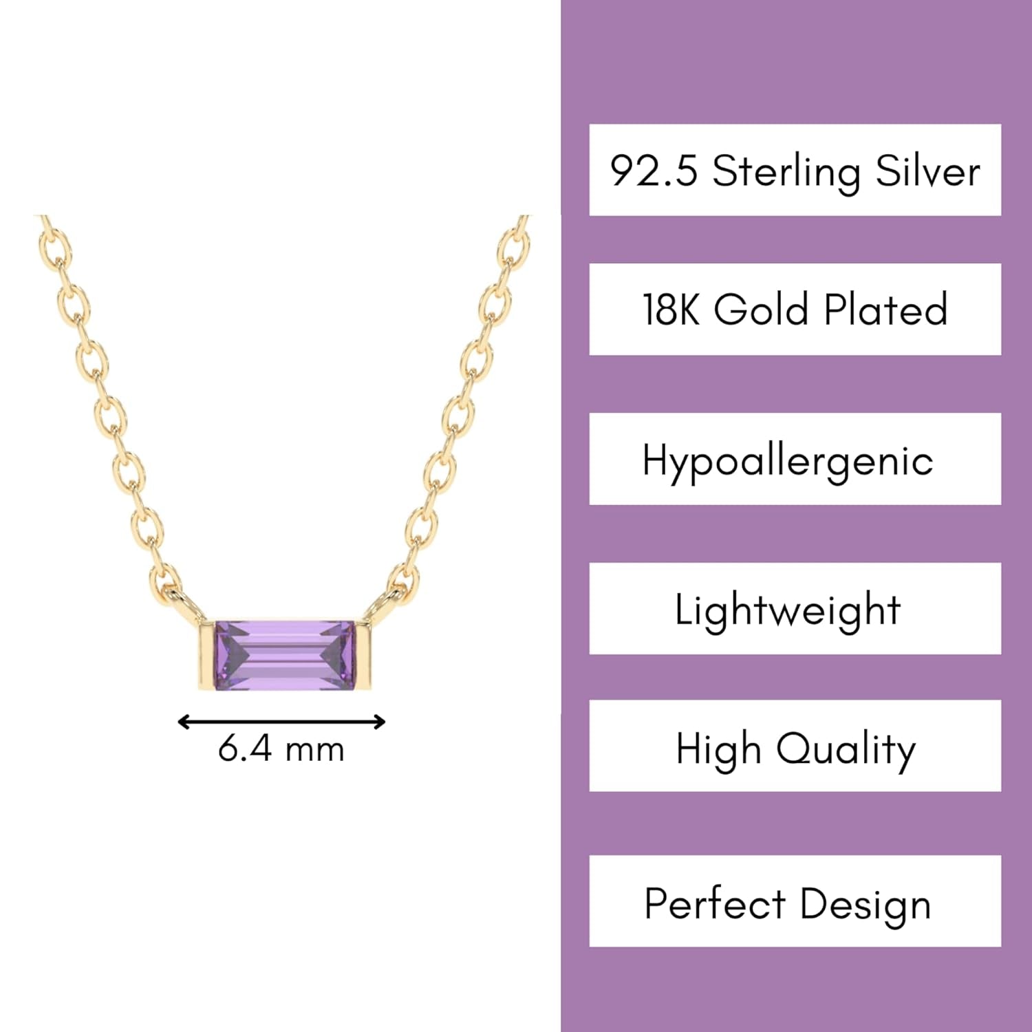 Amethyst Necklace for Women, Premium Gold Minimalist Rectangle Necklaces - Tarnish Free 18K Gold Plated Certified S925 Statement Necklace Gold Jewelry for Women - Mothers Day Gifts for Mom Wife