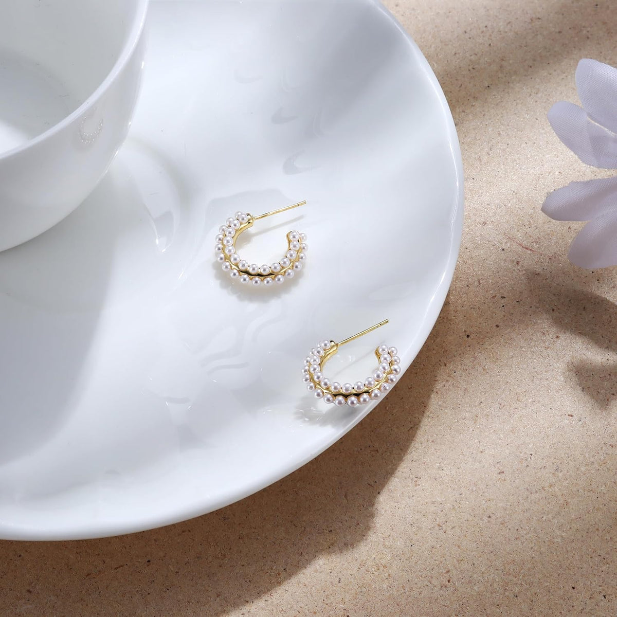Pearl Hoop Earrings for Women, 14K Gold Plated Pearl Drop Earrings 925 Sterling Silver Gold Pearl Hoops Earrings Trendy Lightweight Hypoallergenic Pearl Earrings Jewelry