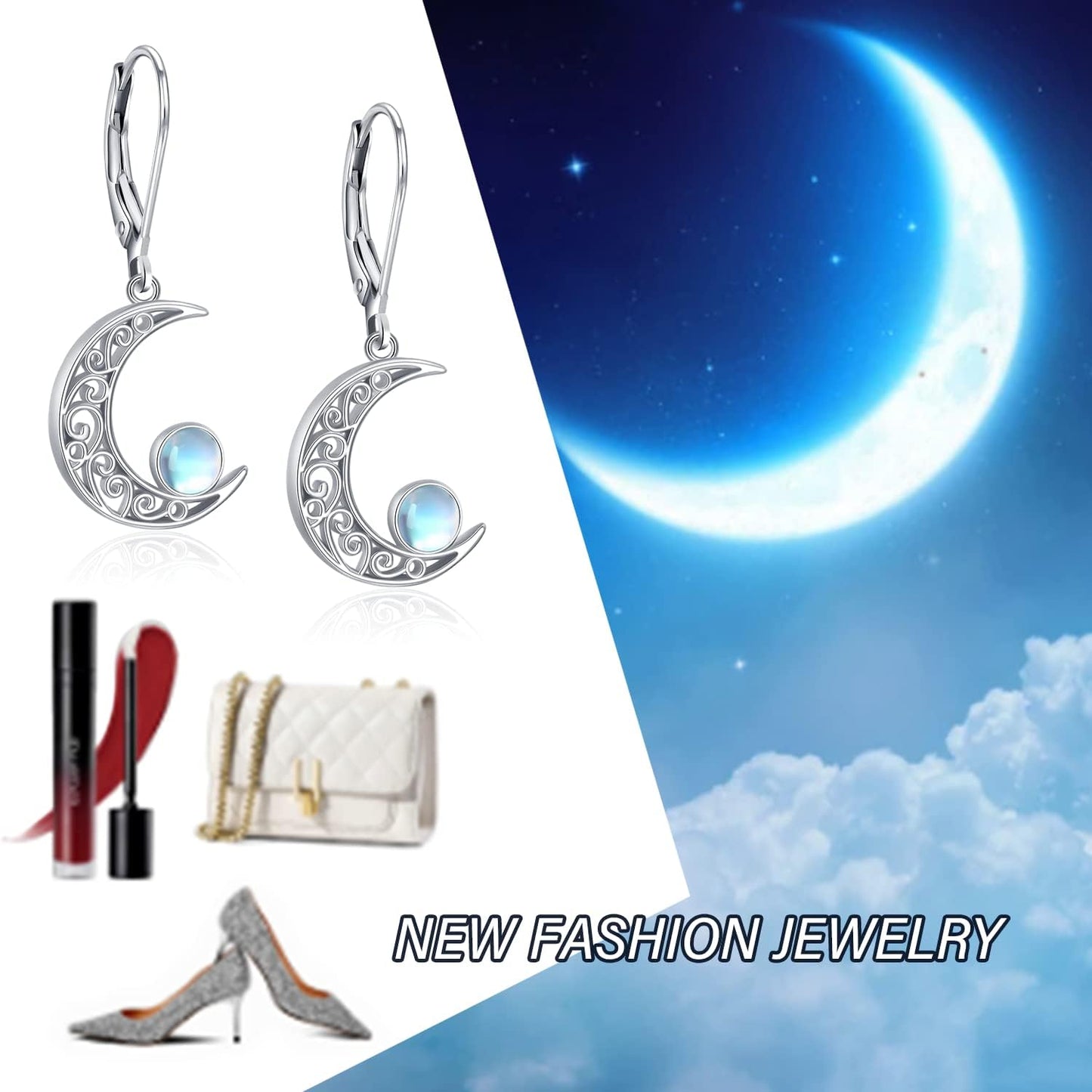 Celtic Moon Sterling Silver Moss Agate Star Earrings - Hypoallergenic Moon Jewelry Gifts for Women
