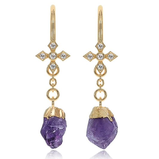 Amethyst Earrings for Women in Raw Stone Dangle Drop Shape - 18K Gold Plated, Certified 925 Sterling Silver Earring - Hypoallergenic Gold Jewelry for Women, Mothers Day Gifts, Birthday Gifts for Women