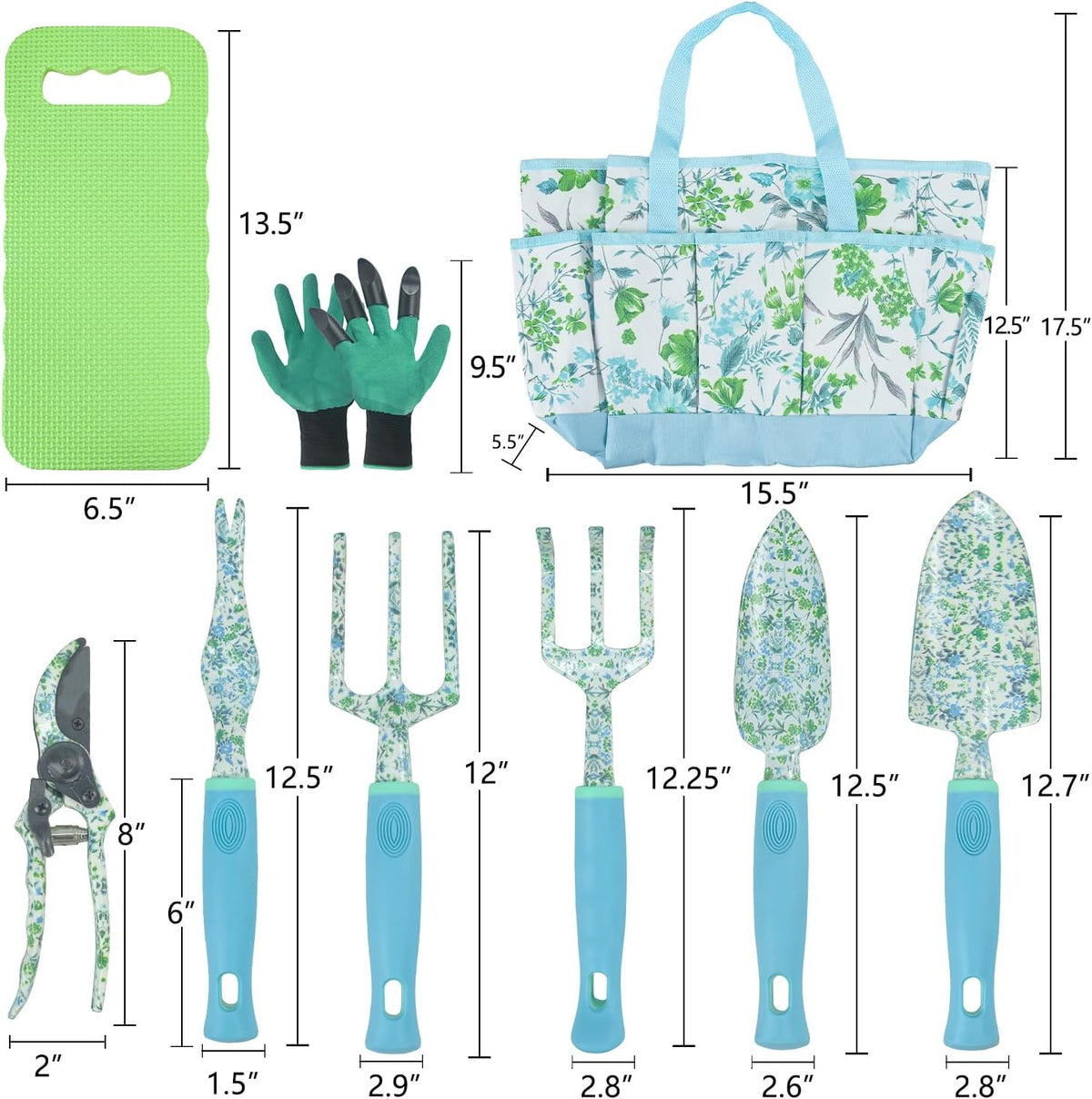 Garden Tool Set 9 Piece Aluminum Alloy Gardening Hand Tools Kit Gift for Women & Parent Gardening Supplies with Gloves,Tote,Kneeling Pad,Hand Pruner,Trowel,Hand Rake,Weeder,Fork,Transplanter