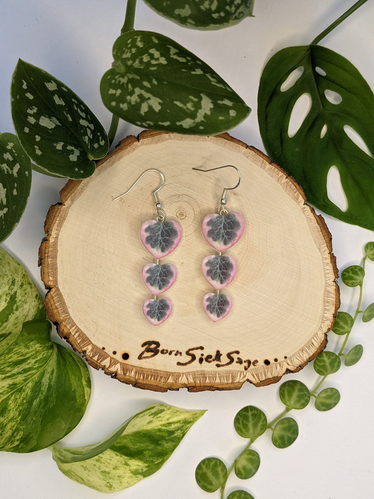 Variegated String of Hearts Botanical Leaf Handmade Earrings