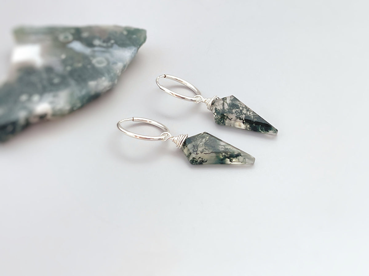 Moss Agate Earrings Dangle Rose Gold Huggie Hoops Sterling Silver Handmade Jewelry 14K Gold Fill Dainty Raw Gemstone Crystal Earrings