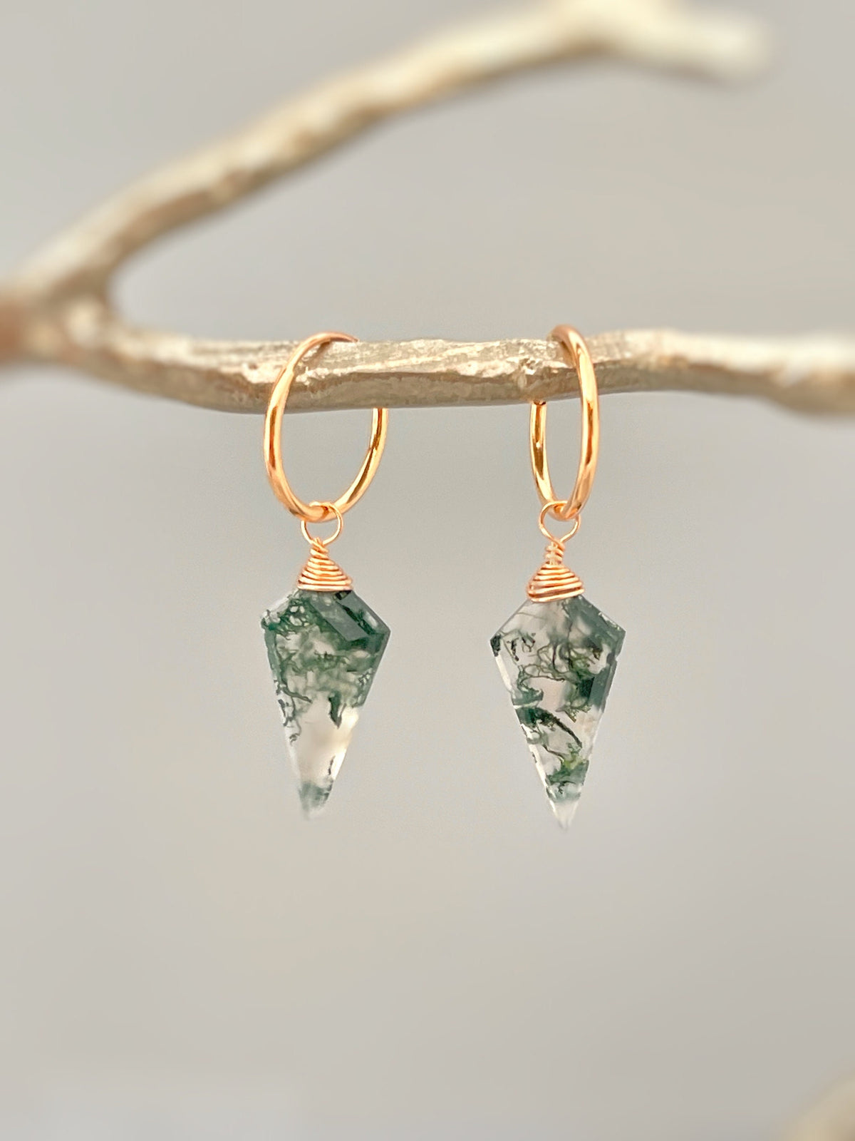 Moss Agate Earrings Dangle Rose Gold Huggie Hoops Sterling Silver Handmade Jewelry 14K Gold Fill Dainty Raw Gemstone Crystal Earrings