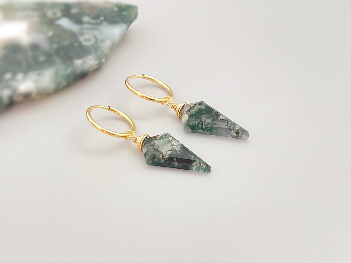 Moss Agate Earrings Dangle Rose Gold Huggie Hoops Sterling Silver Handmade Jewelry 14K Gold Fill Dainty Raw Gemstone Crystal Earrings