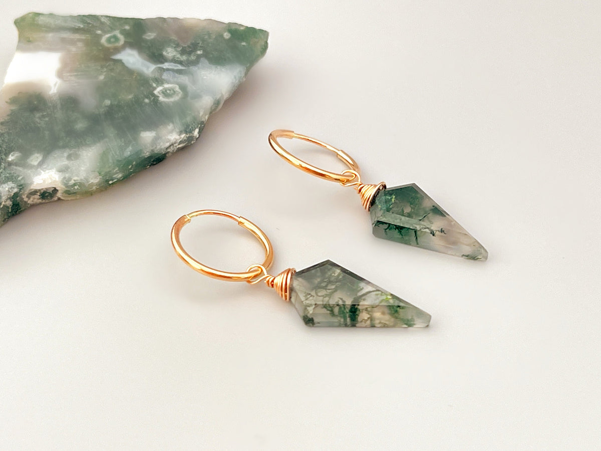 Moss Agate Earrings Dangle Rose Gold Huggie Hoops Sterling Silver Handmade Jewelry 14K Gold Fill Dainty Raw Gemstone Crystal Earrings